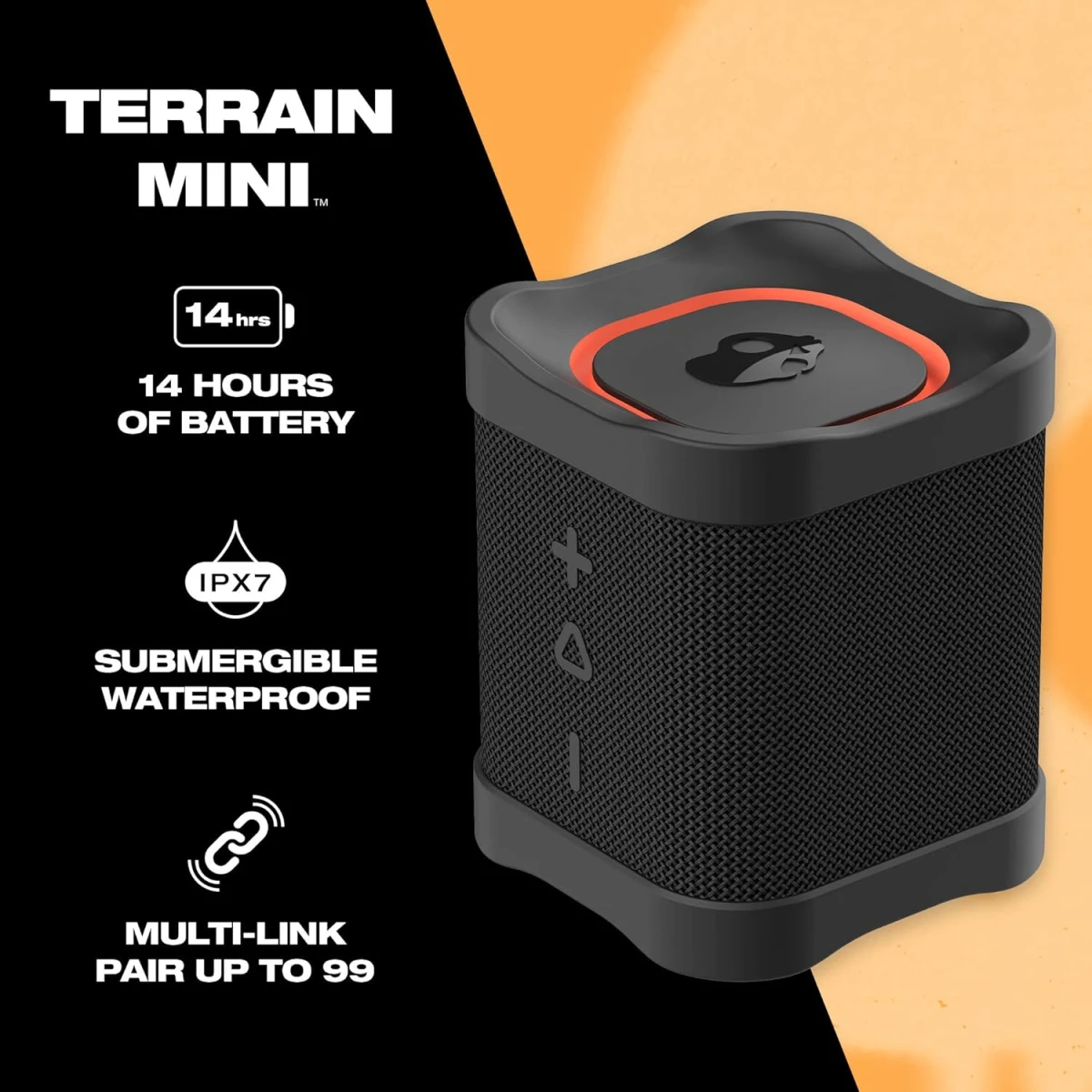 Skullcandy Terrain Mini Wireless Bluetooth Speaker - IPX7 Waterproof Portable with Dual Custom Passive Radiators, 14 Hour Battery, Nylon Wrist Wrap, & True Stereo - Black hover