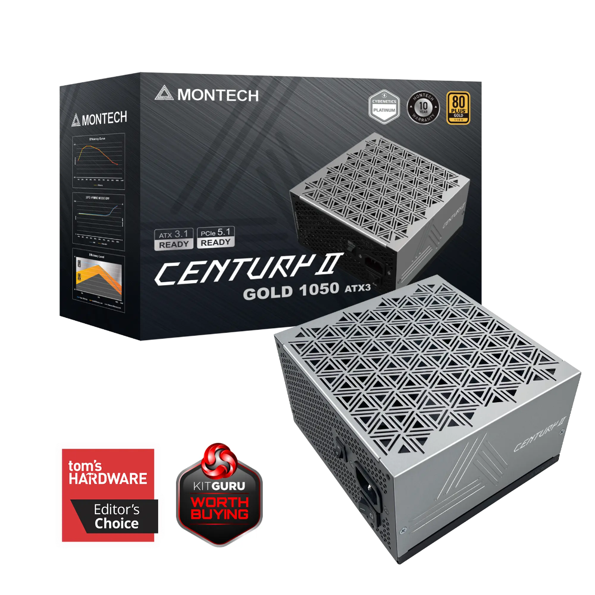 MONTECH Century II 1050W HighEnd ATX Gaming Power Supply 80 Plus Gold & Cybenetics Platinum Fully Modular ATX 3.1 & PCIe 5.1 Ready with 12V-2x6 Cable