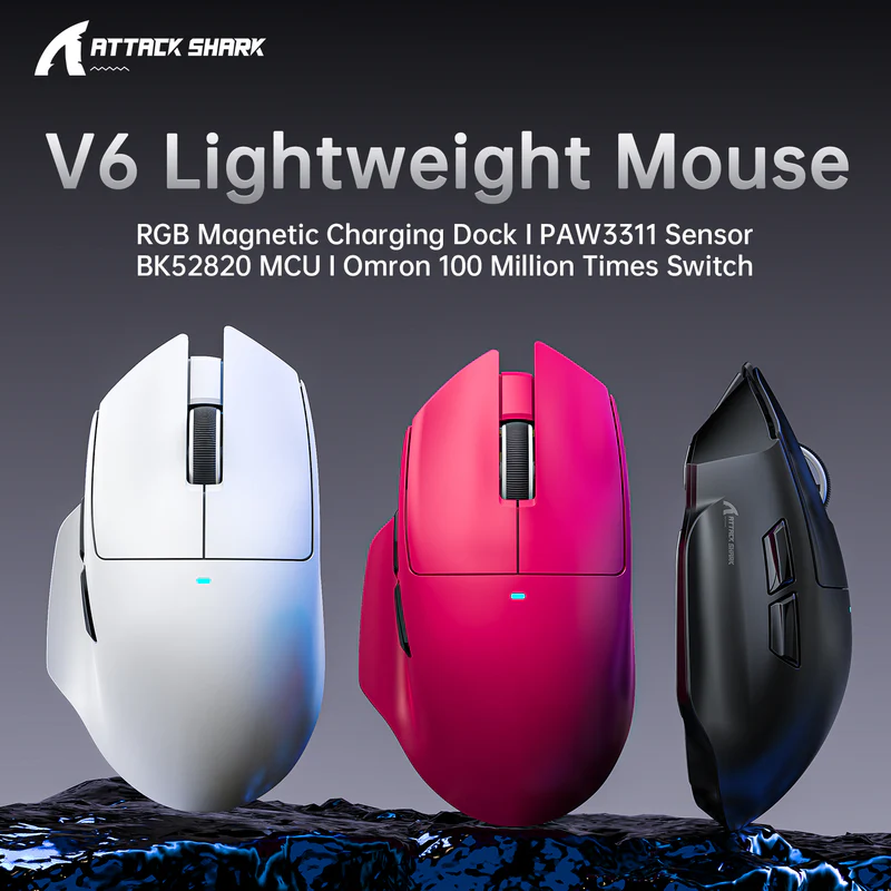 ATTACK SHARK V6 65g Superlight Wireless Gaming Mouse with RGB Magnetic Charging Dock,BT/2.4GHz Wireless/Wired Mouse 1K Polling,PixArt PAW3311 Sensor,25000DPI,Office Gamer Mice White - alternate view