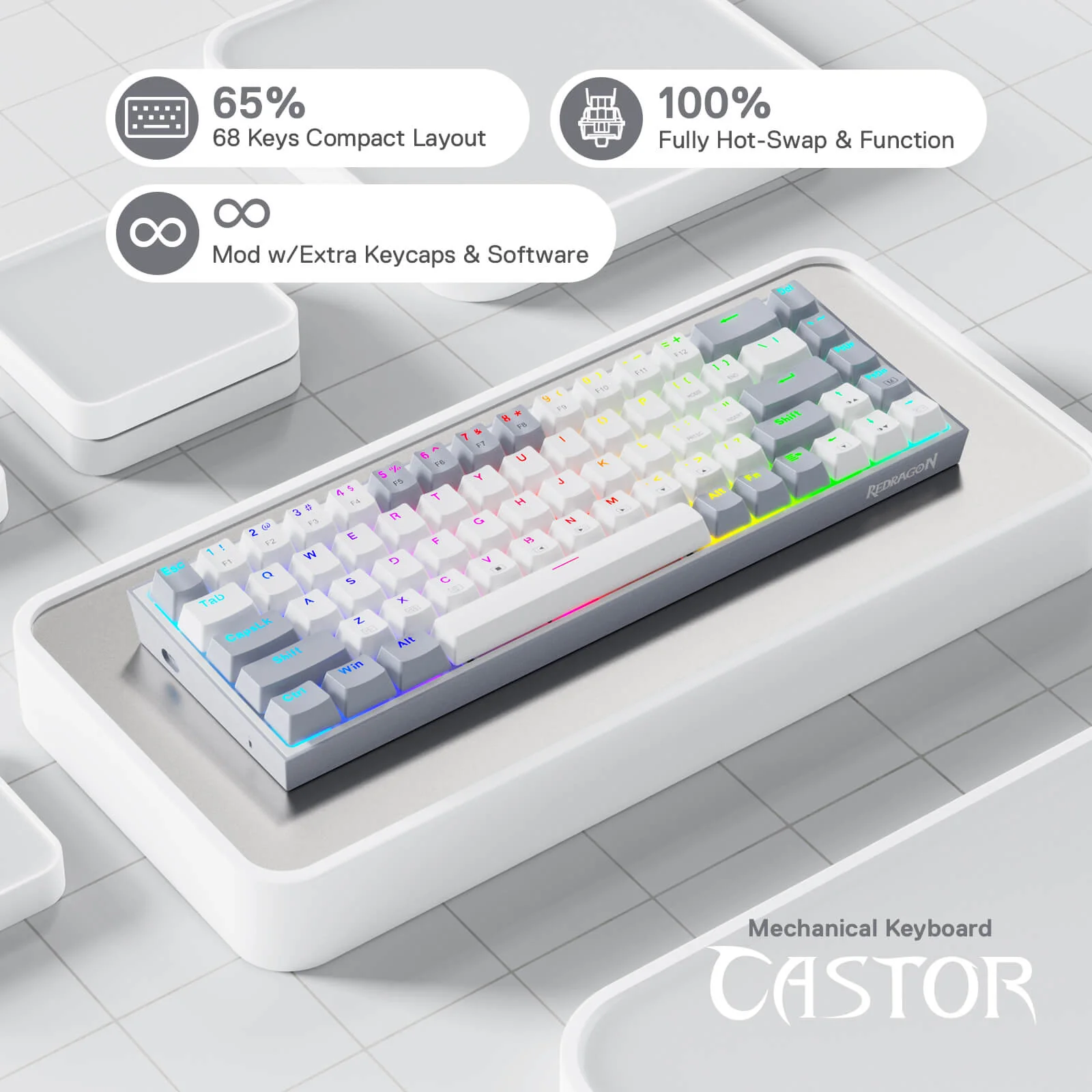Redragon K631 Castor 65% Wired RGB Gaming Keyboard, 68 Keys Hot-Swappable Compact Mechanical Keyboard w/100% Hot-Swap Socket, Free-Mod Plate Mounted PCB & Dedicated Arrow Keys, Quiet Red Linear Switch Contact Us Shop Now