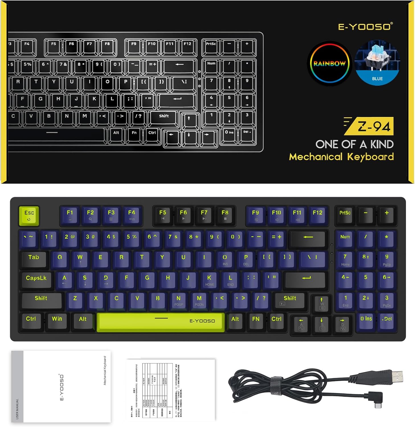 E-YOOSO Z-94 Mechanical Keyboard Rainbow Backlit, 94 Keys 90% Gaming Keyboards for Games and Office Work, Black (Blue Switch)