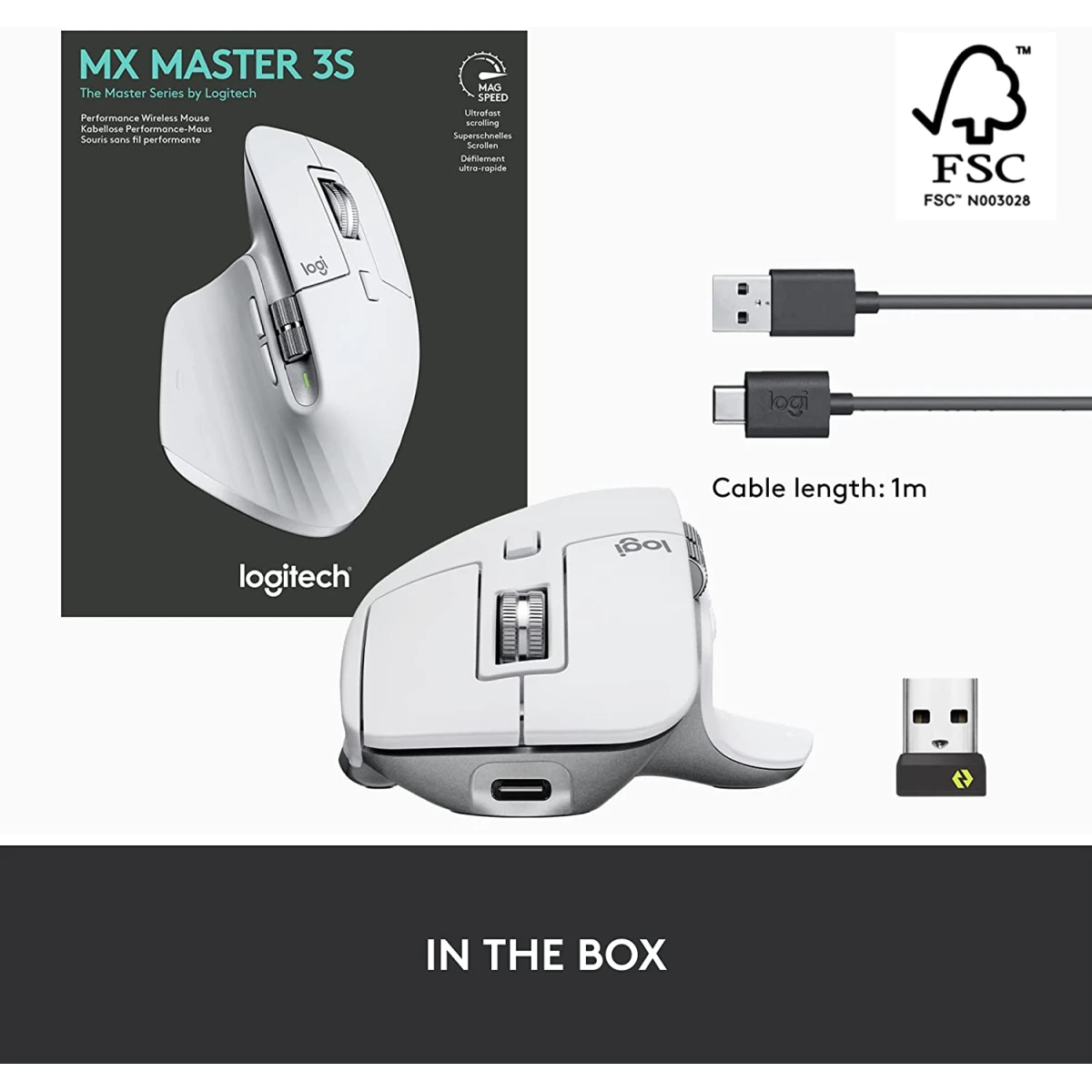 Logitech MX Master 3S Wireless Performance Mouse w/ Ultra-fast Scrolling Ergo 8K DPI Track on Glass Quiet Clicks USB-C - Pale Grey