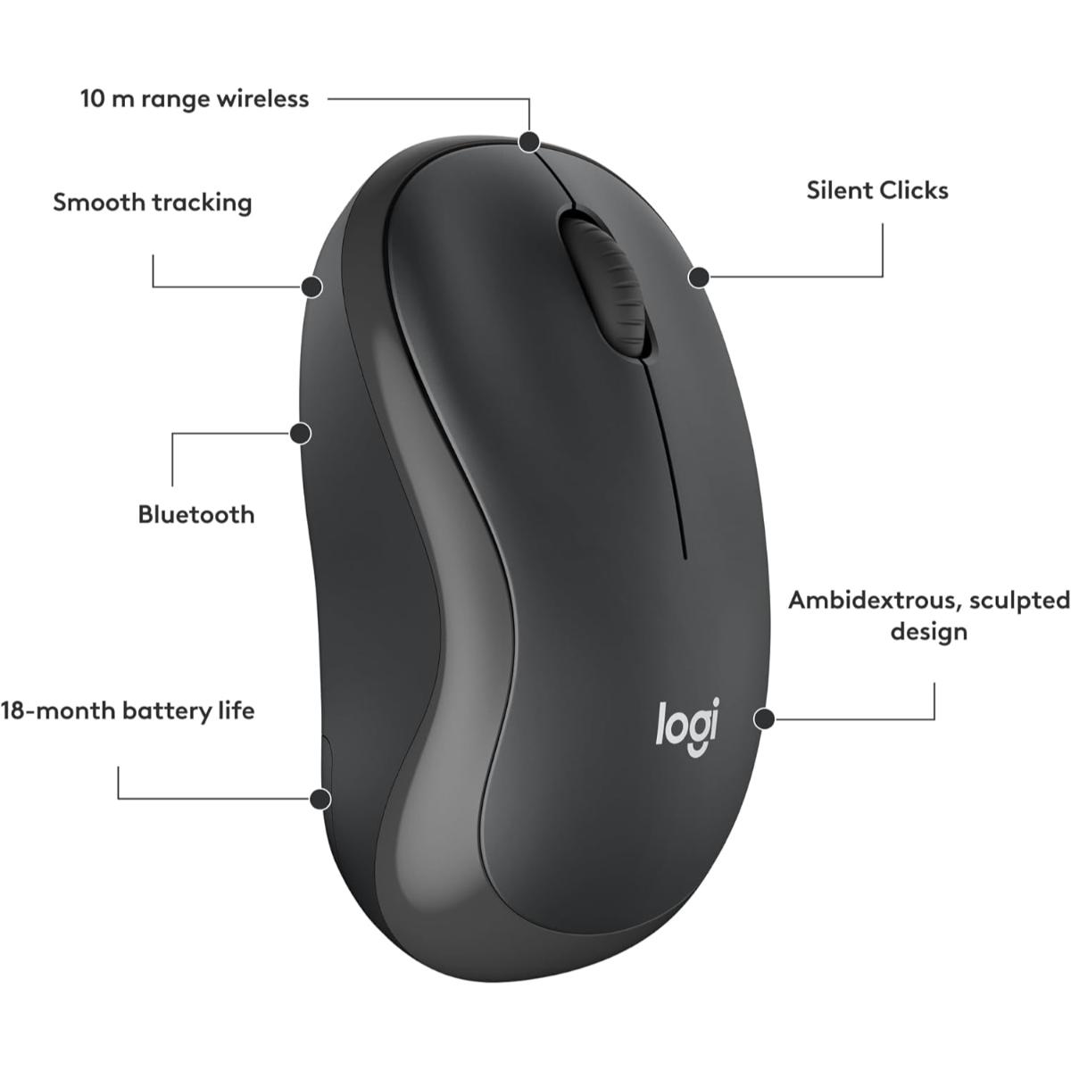Logitech M240 Silent Bluetooth Mouse, Wireless, Compact, Portable, Smooth Tracking, 18-Month Battery, for Windows, macOS, ChromeOS, Compatible with PC, Mac, Laptop, Tablets-Black