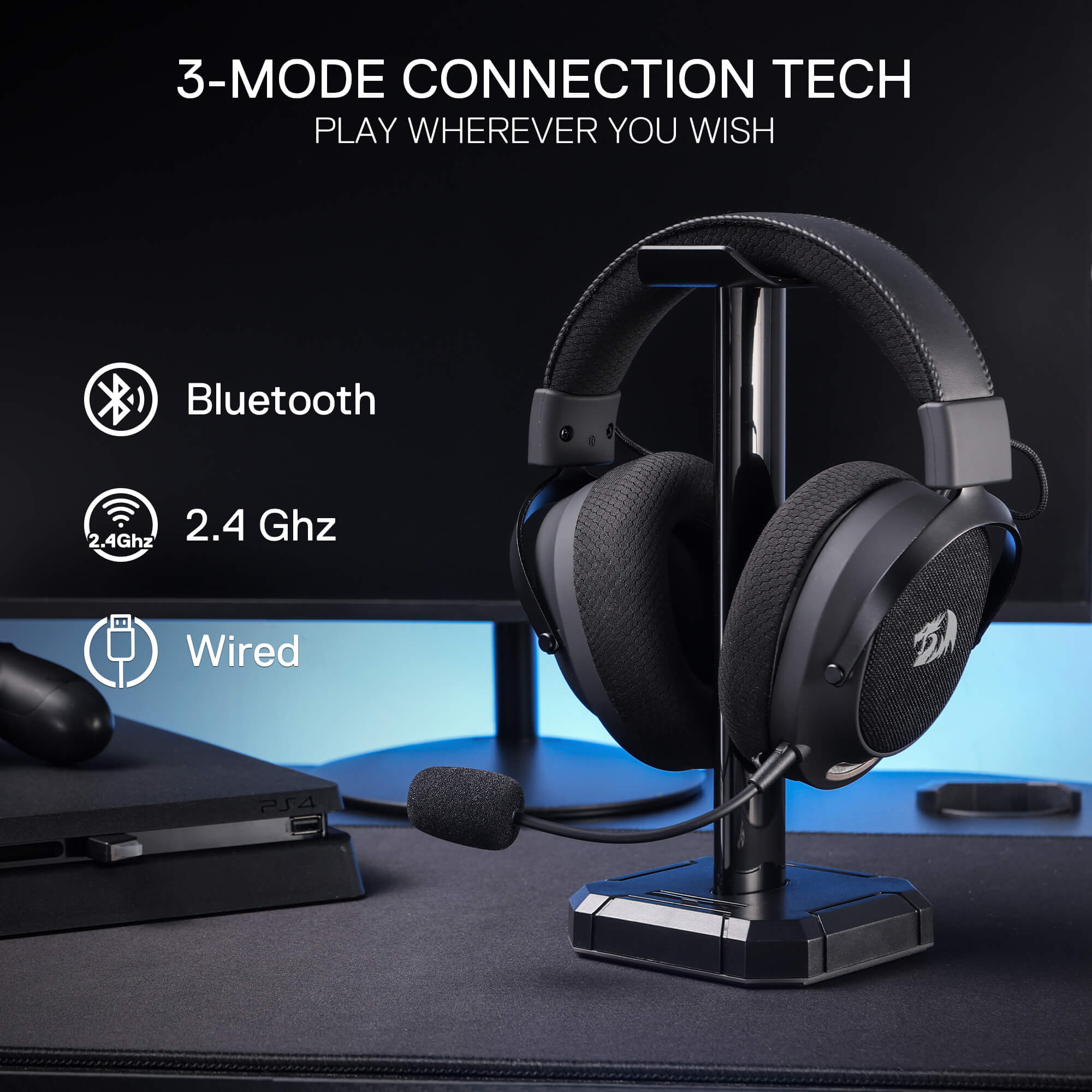 Redragon H858 3-Mode Wireless Gaming Headset, 7.1 Surround Sound, 53 mm Drivers, Memory Foam Ear Pads, Detachable Noise-canceling Microphone