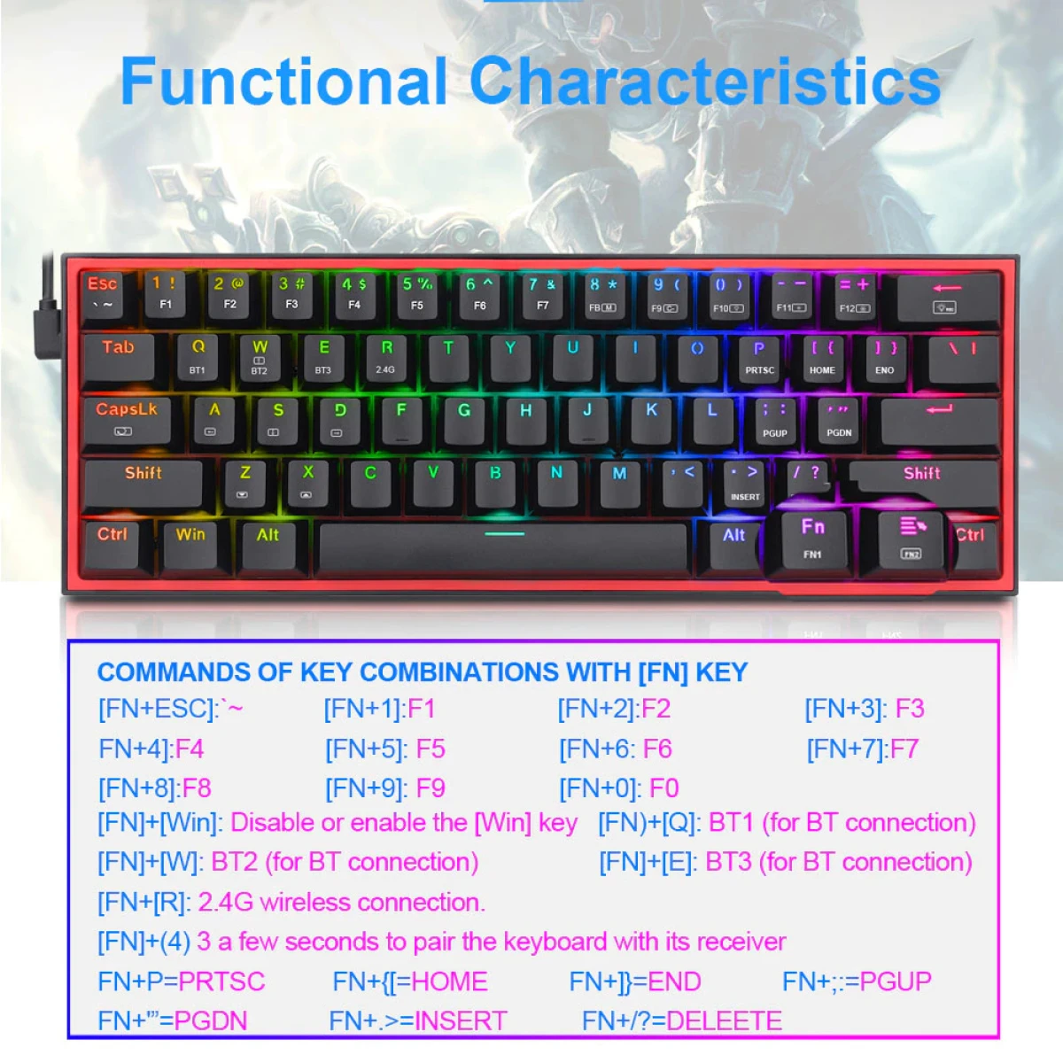 Redragon K617 Fizz RGB 60% 61 Keys Detachable Cable Mechanical Red Switches - Black