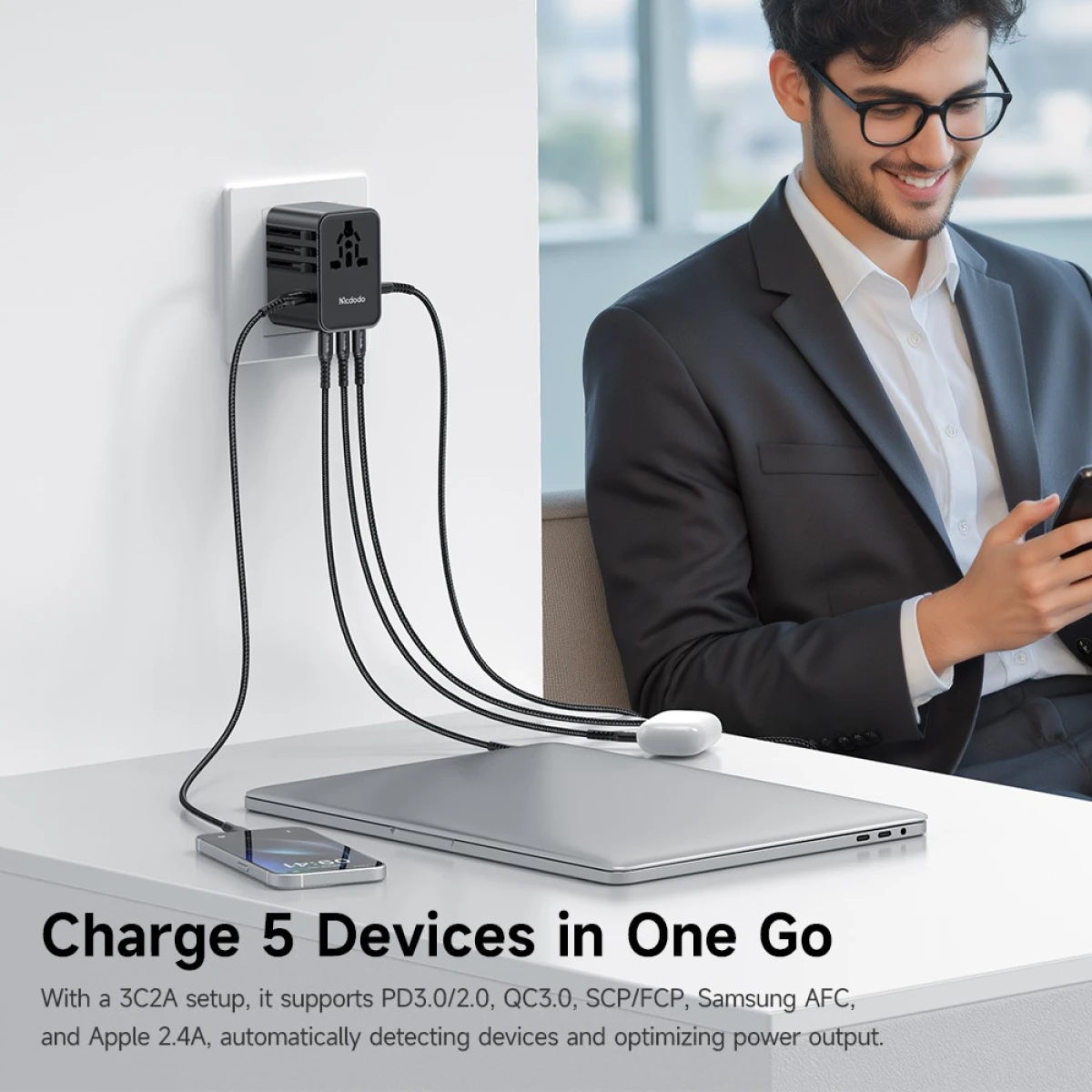Mcdodo CP-327 MDD G5 Series 45W 3 USB-C + 2 USB-A Universal Travel Power Adapter Charger with USB-C to USB-C Cable - Black