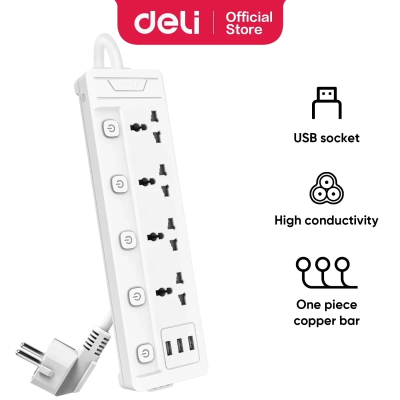 Deli ET410 2 Pin 3 USB 5V Port 2 Meter Max Power 2500W Power Strip