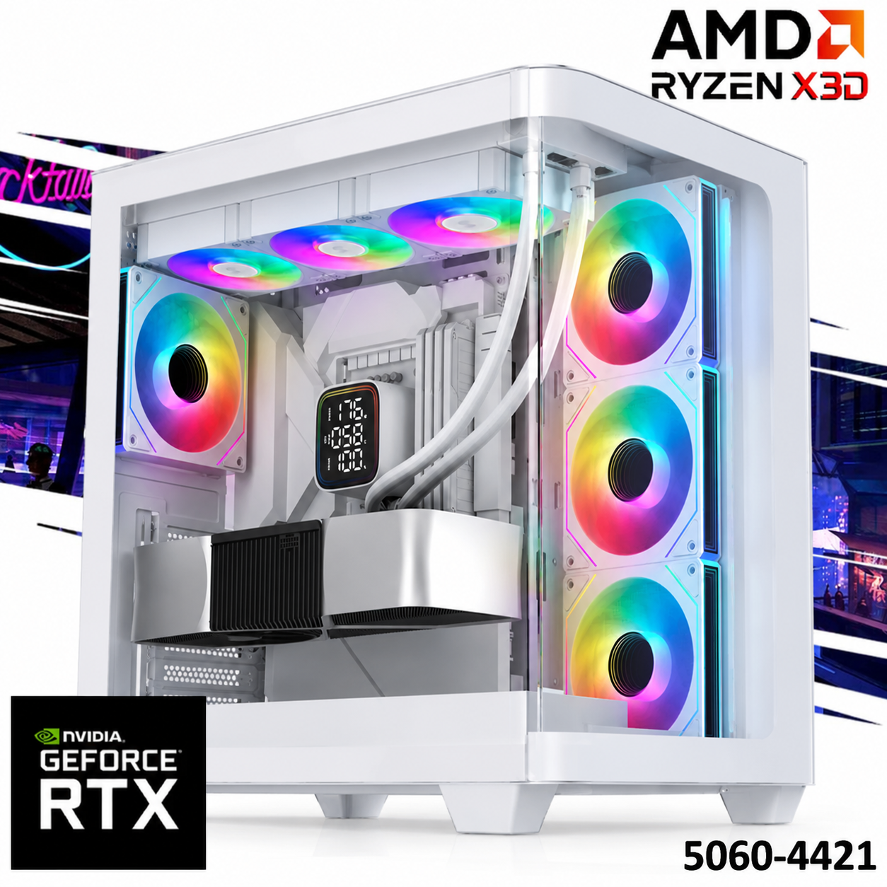 EC Power 5060TI-4421 Gaming PC 7Gen AMD Ryzen 7 7800X3D 8-Cores w/ Nvidia RTX 5060 TI 8GB DDR7 & Liquid Cooler