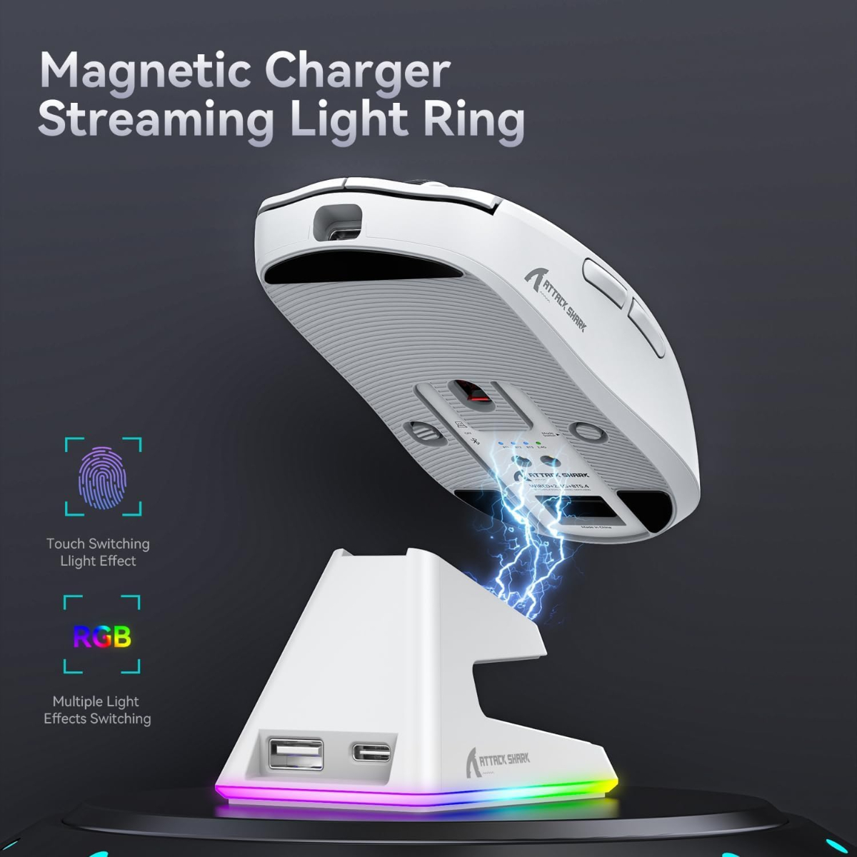 ATTACK SHARK X6 Lightweight Wireless Gaming Mouse with RGB Backlight Charging Base,Tri-Mode Wired/2.4GHz/BT5.2,26K DPI, PAW3395 Optical Sensor,HUANO Switch,5programmable Buttons,PC/Mac(White)