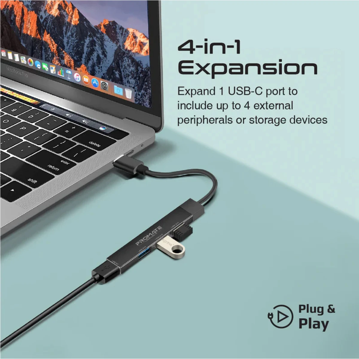 Promate LiteHub-4 4 In 1 Multi-Port USB-C Hub 4 USB-A Ports 480Mbps / 5Gbps Transfer Rate For Windows & Mac - Black