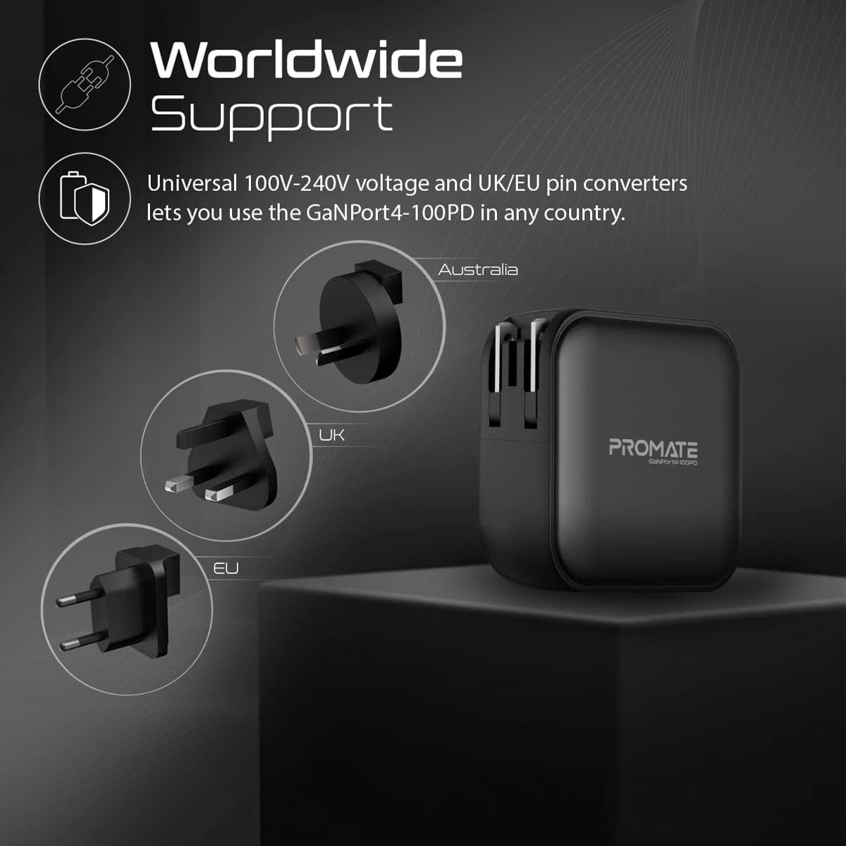 Promate GaNPort4-100PD USB-C Charger 100W GaN Technology Fast Dual Type-C Charger w/ 20W USB-C Port 18W QC 3.0 Port