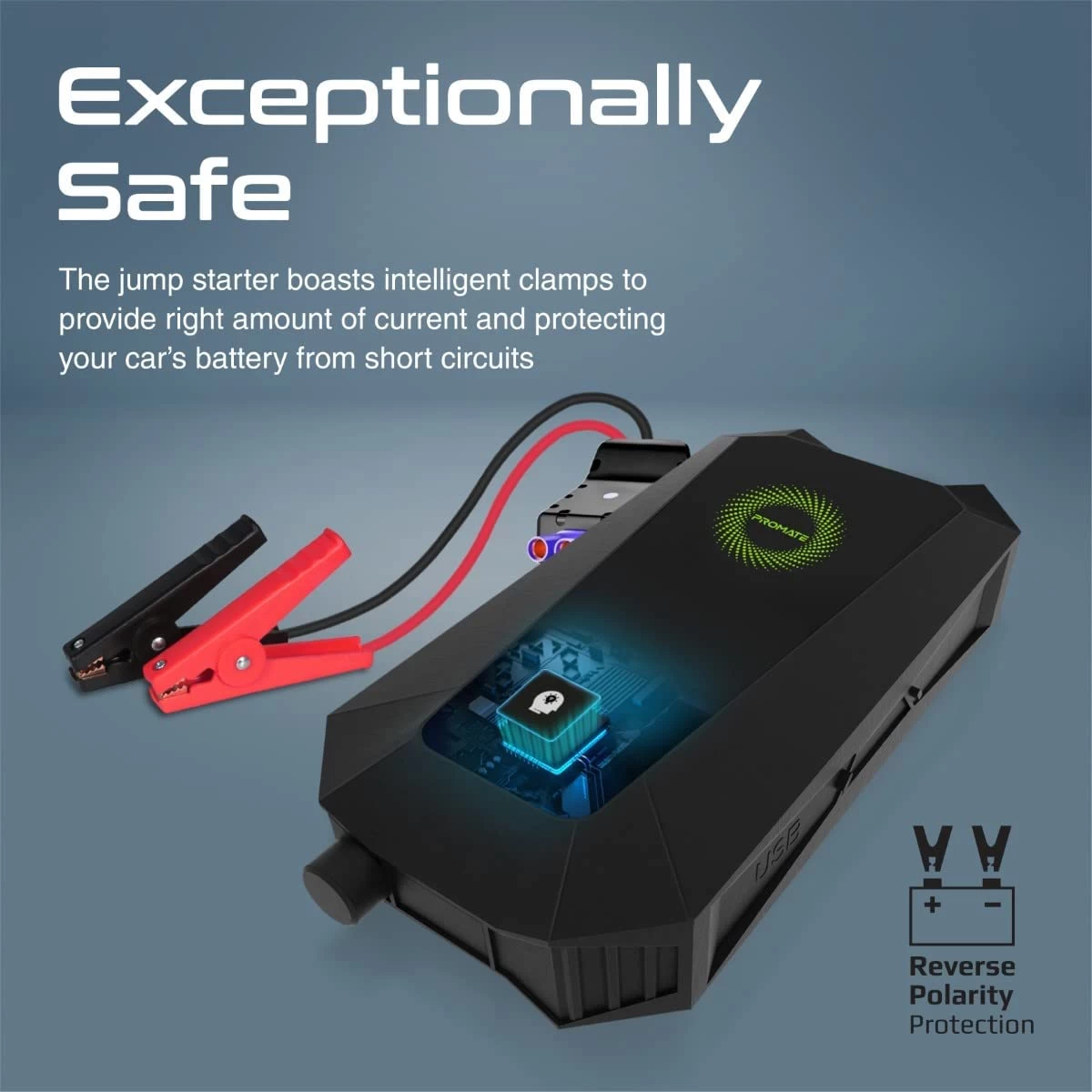Promate Hexabolt 20 1500A/12V Car Jump Starter w/ 19200Mah Power Bank 10W Qi Charger Dual Qc 3.0 Ports - Black