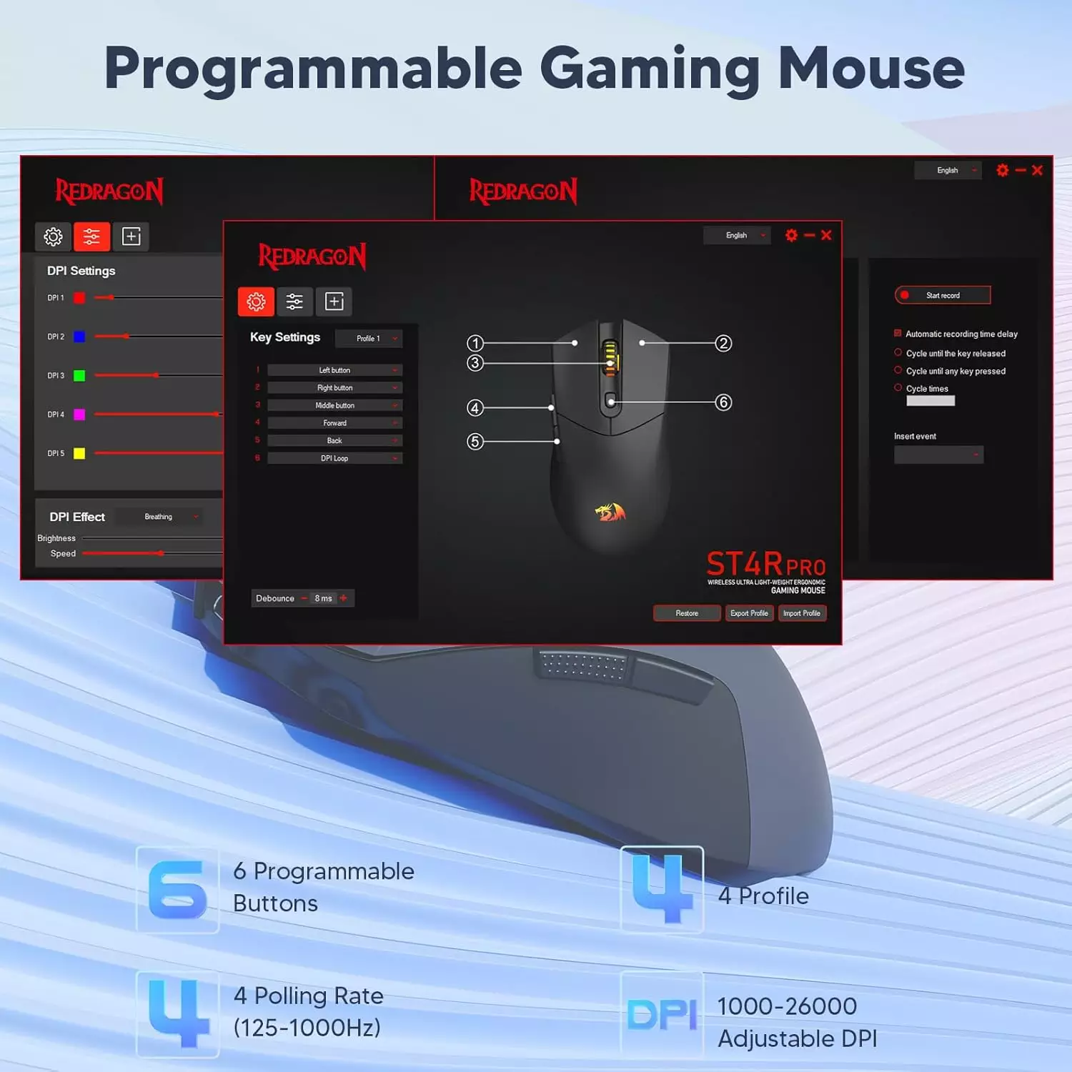 Redragon M917 ST4R PRO 26000 Dpi Tri-Mode Wireless, Bluetooth Gaming Mouse, Optical Sensor 26K DPI Ultra-Light 60G, Full Programmable Buttons, Software