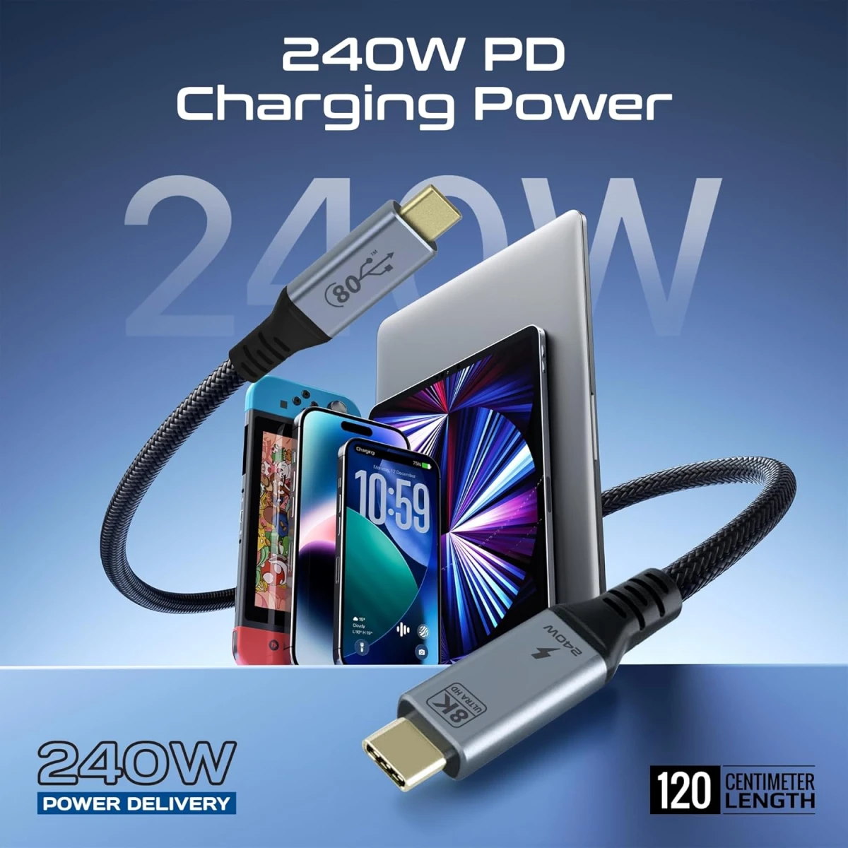 Promate PowerBolt5-80G Thunderbolt 5 USB 4 Cable 80Gbps Data Transfer, 240W Power Delivery, 8K Ultra HD Display Support, USB-C to USB-C 1.2M Cable, Compatible with Thunderbolt 5, Durable Build Black