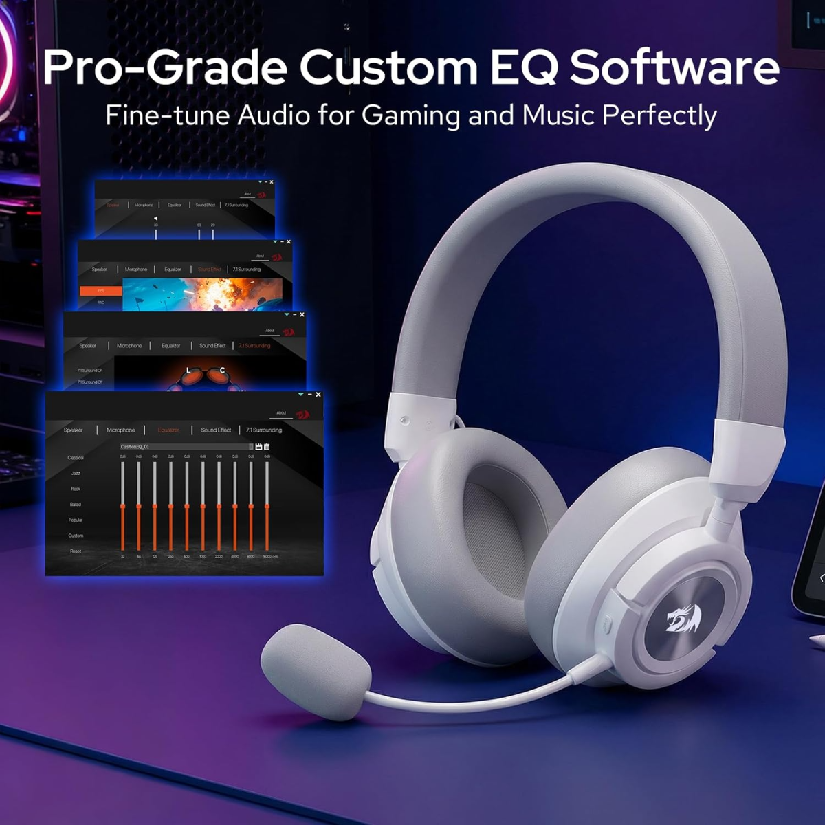 Redragon H889 Wireless Gaming Headset, 4-in-1 (2.4G/BT/USB/3.5mm), 51H Battery & Play-While-Charging, 7.1 Spatial Audio & 53mm Drivers, Detachable Mic, Multi-Platform Headphone for PC/PS5/NS/Mobile/White hover