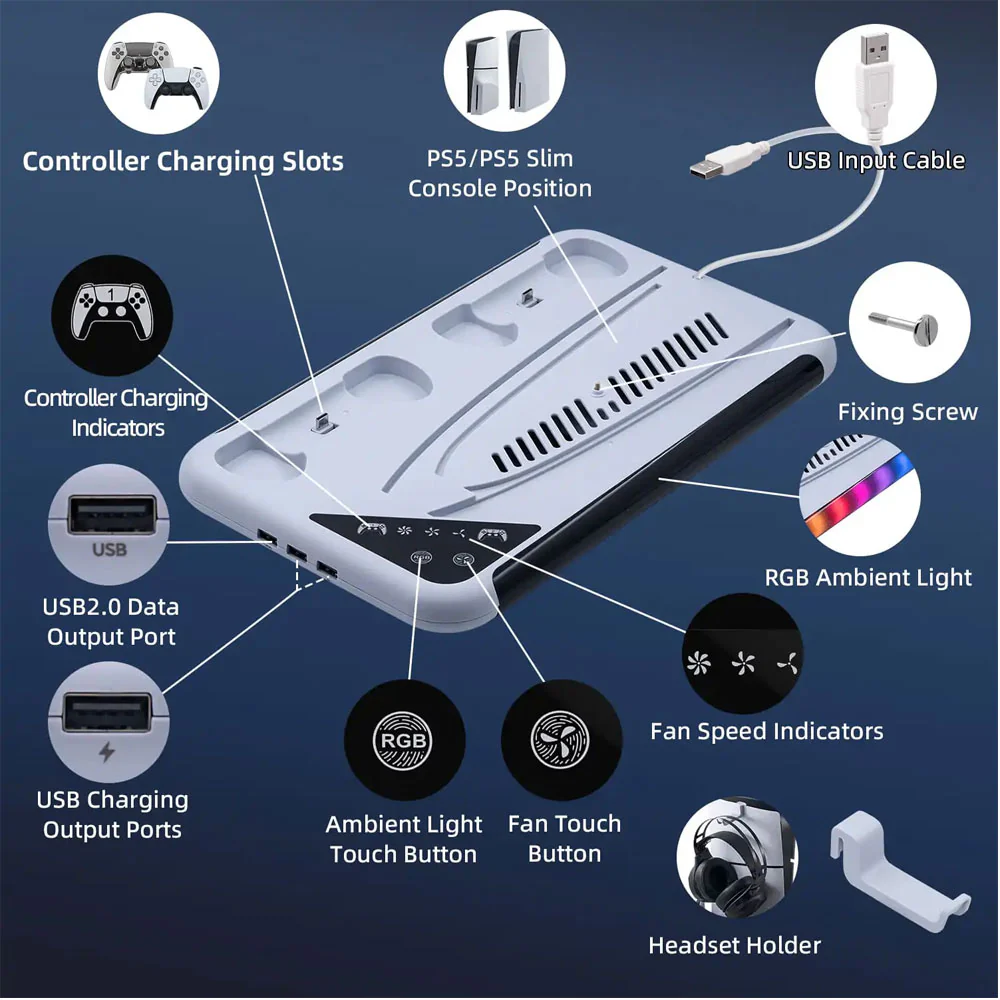 DOBE Multifunctional Cooling Stand Controller Charger Headphone Hook PS5