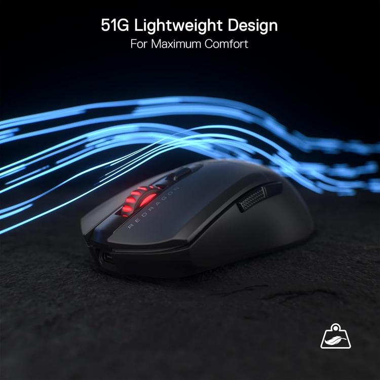 Redragon M995 Pro Wireless Gaming Mouse, 26000 DPI Ergonomic Mouse, BT & 2.4G, 6 Macro Buttons, 51G Ultra Lightweight, Reliable Power Capacity for PC/Mac/Laptop, Black