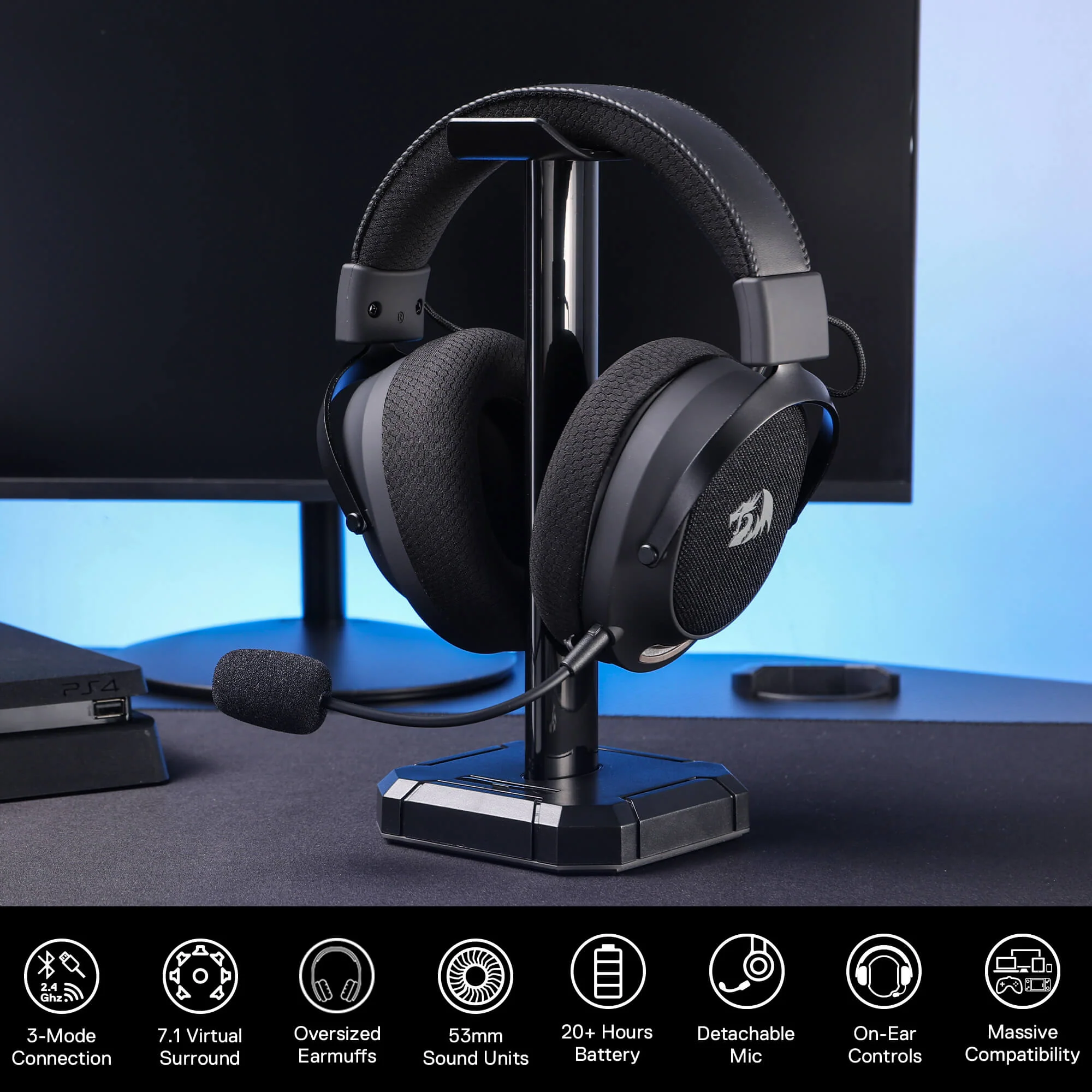Redragon H858 3-Mode Wireless Gaming Headset, 7.1 Surround Sound, 53 mm Drivers, Memory Foam Ear Pads, Detachable Noise-canceling Microphone