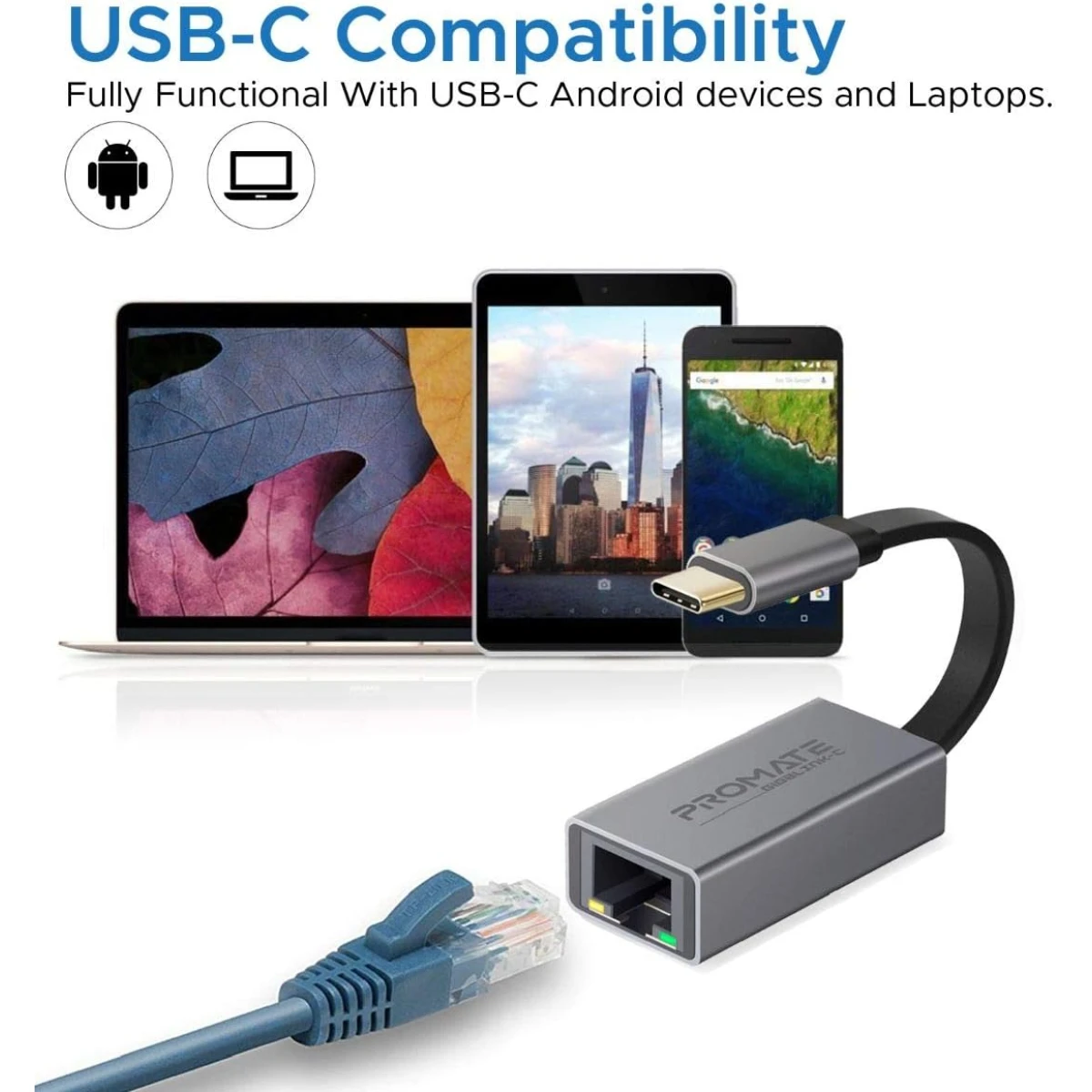 Promate GigaLink-C USB-C Adapter Premium Aluminium Alloy Full-Speed USB Type-C to 10/100/1000Mbps RJ45 Gigabit Ethernet