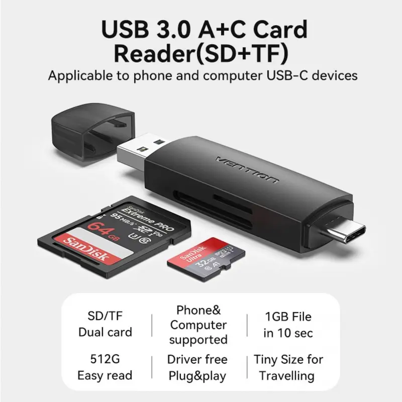 Vention 2-in-1 Type-C and USB 3.0 SD and TF Card Reader 5Gbps 100MB/s for Laptop, TV, Computer Black