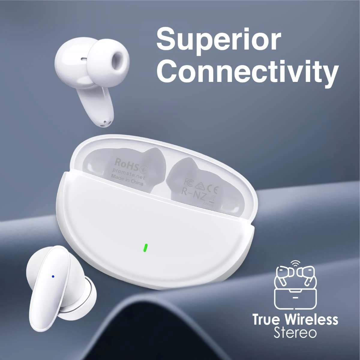 Promate True Wireless Earbuds Bluetooth v5.1 w/ Mic IPX5 Water Resistance 20H Playback Time - White
