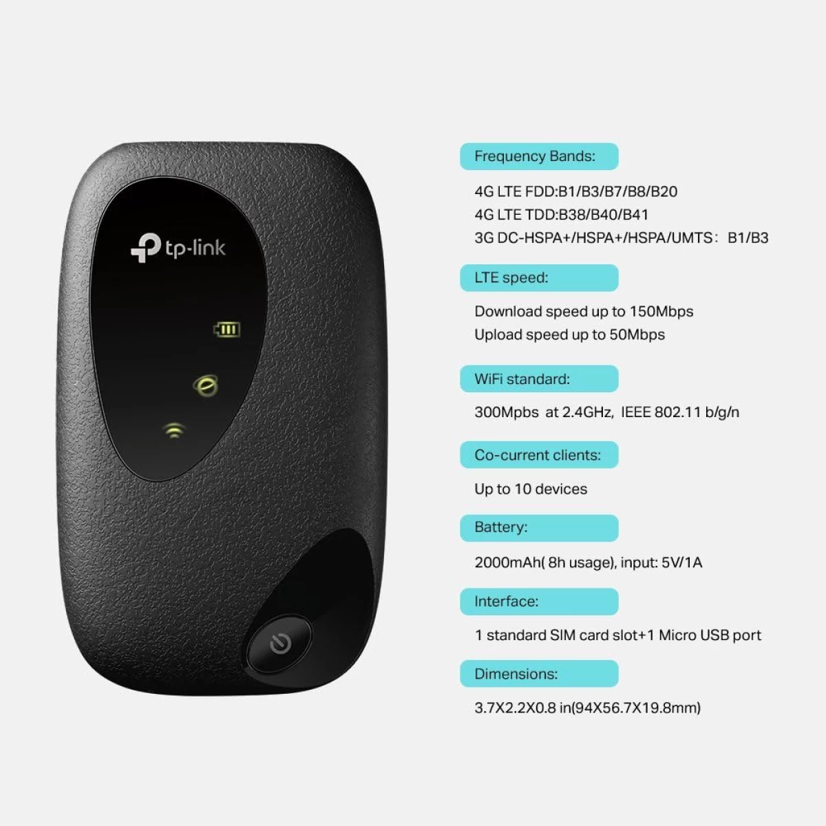 TP-Link M7200 Cat4 LTE Travel Mobile Mi-Fi Hotspot with up to 300Mbps Up to 10 Devices Rechargeable Up to 8 hours life Battery Easy Management tpMiFi App