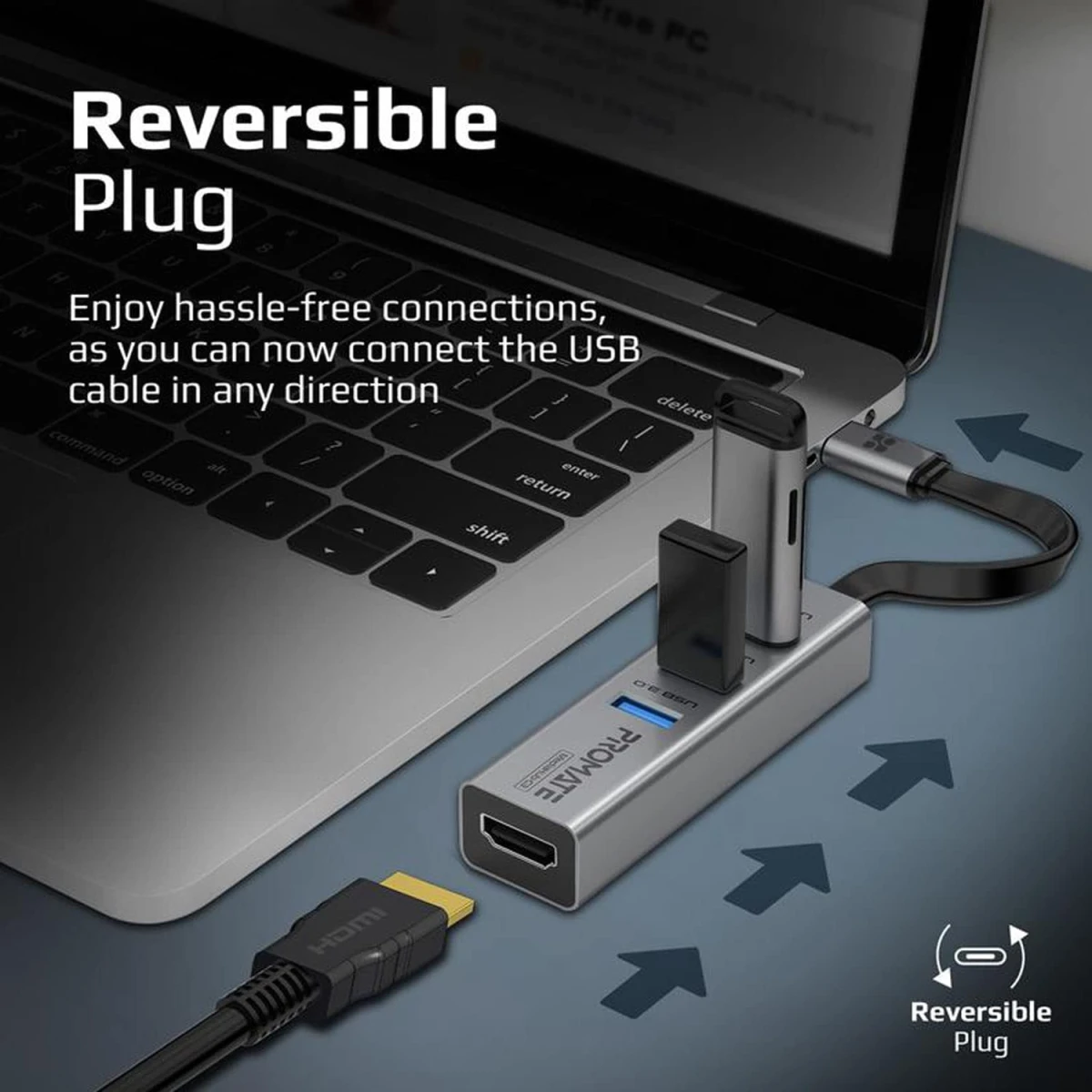 Promate MediaHub-C3 Aluminum USB-C to HDMI Adapter Ultra-Compact Type-C to 4K 30Hz HDMI Hub w/ 3 USB 3.0 Sync Charge 5Gbps Ports