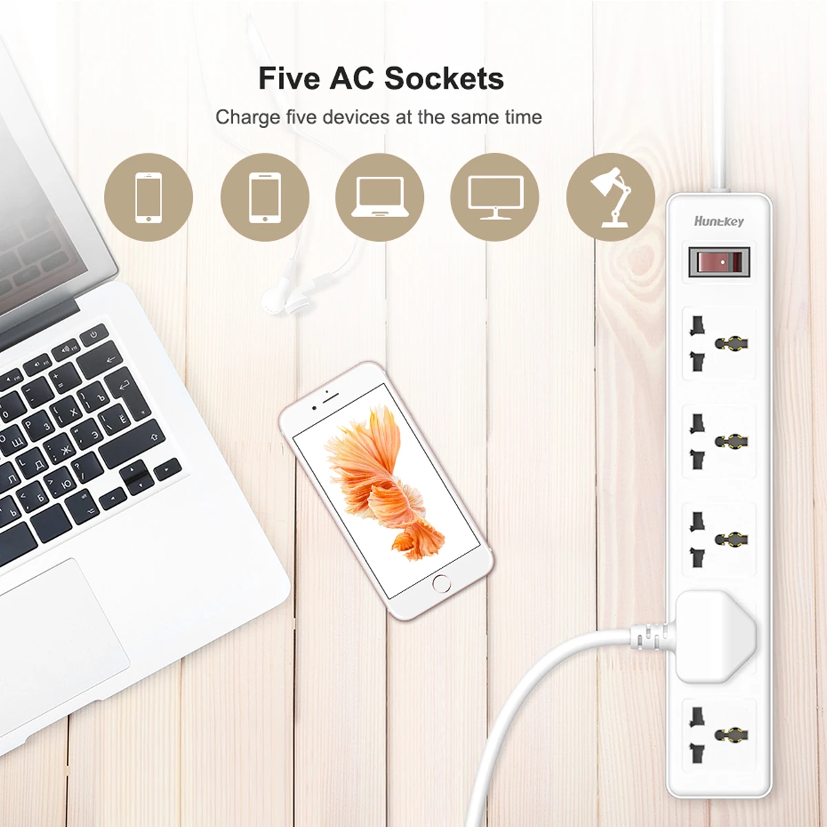 Huntkey SSZ501 Universal Power Strip 5x Outlet AC 220-240V Surge Protector 3M - White