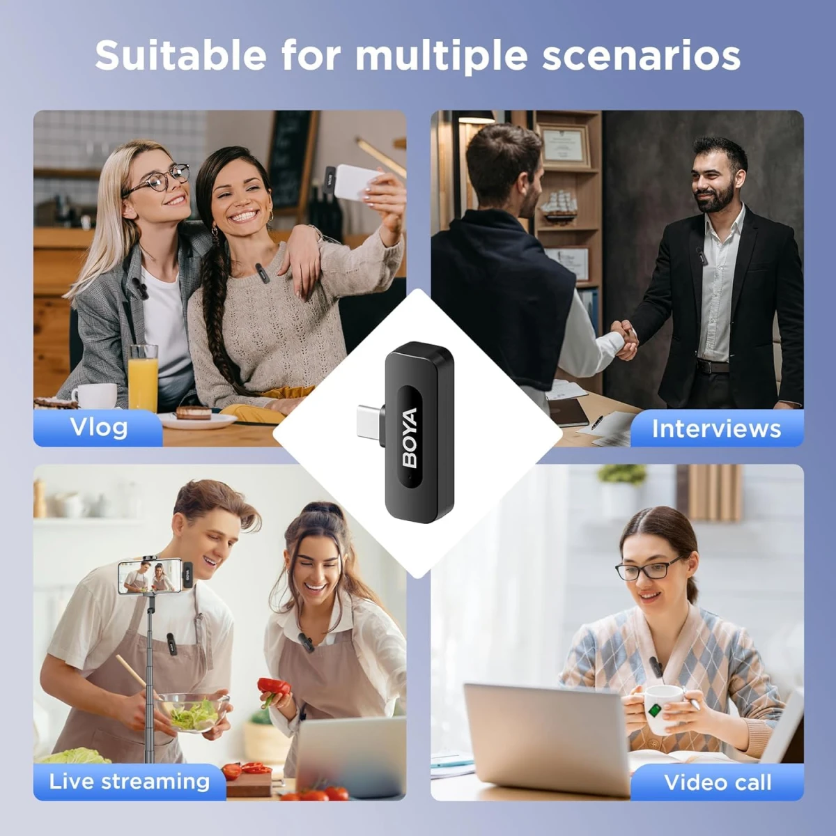 Boya BY-V10 2.4 ghz Omnidirectional Wireless Microphone System with a Transmitter & Receiver for Type-C Devices & Android. for Vlog, Social Media, YouTube Content with Rechargeable Battery. 50m Range - Black