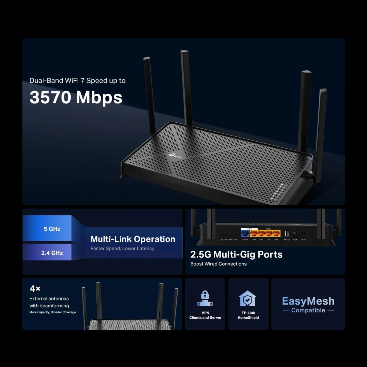Tp-link Archer BE220 Dual-Band BE3600 WIFI 7 Dual-Band Wi-Fi 7 Router WiFi 7 Up to 3.6Gbps Speeds, Full Gigabit WAN/LAN Ports, 4 External Antennas, EasyMesh