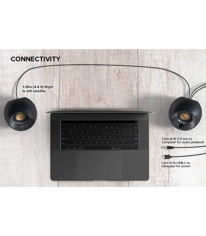 Creative Pebble V2 Minimalistic 2.0 USB-C Powered 3.5 mm AUX-in Up to 8W RMS Type-A Adapter Included & Extended Cable - Black