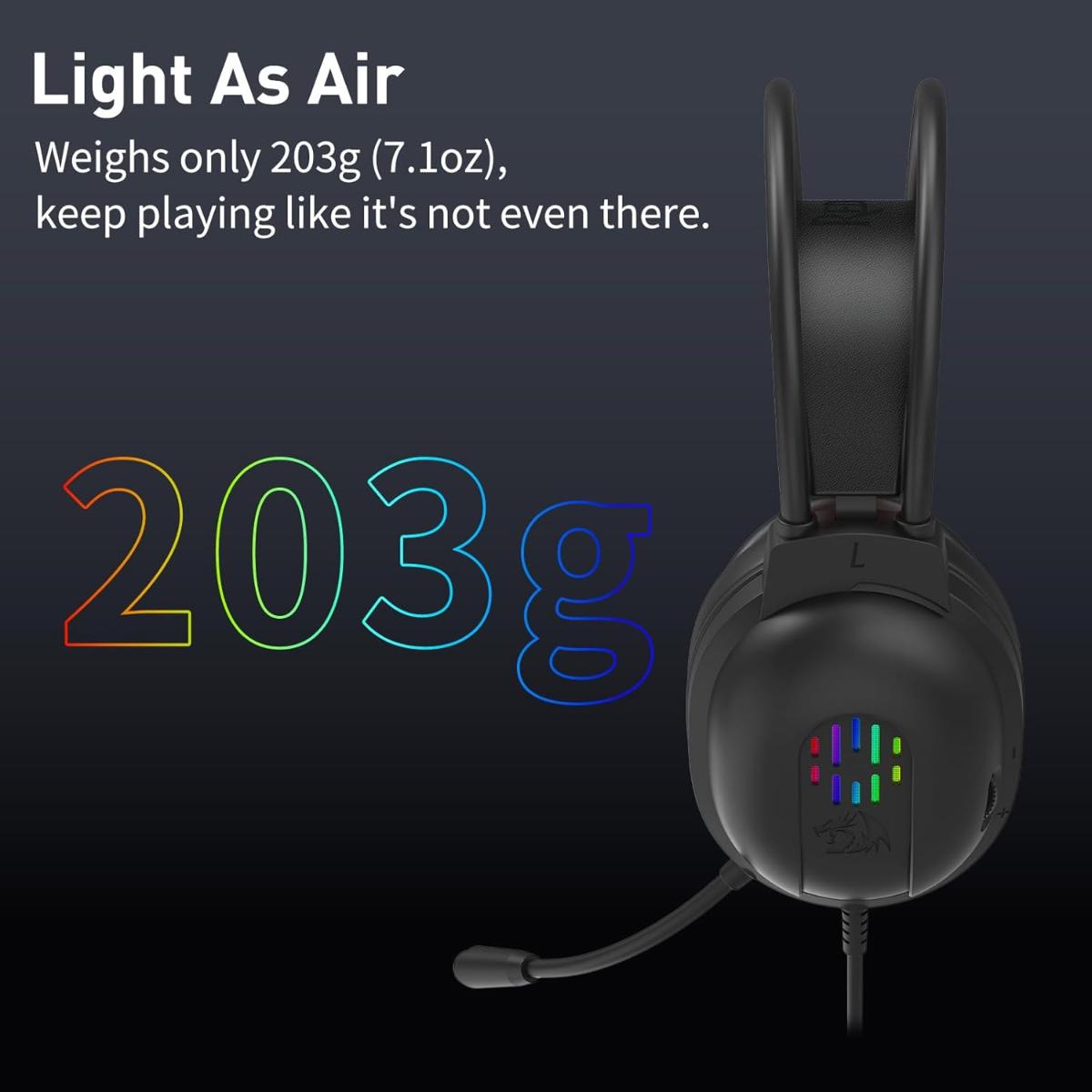 Redragon Wired Gaming Headset with Microphone, 203g Lightweight, RGB Backlit, 40mm Speakers, Noise Cancelling Mic, Soft Earmuffs, 3.5mm Jack Gaming Headphones for PC, Desktop, Laptop (Black)