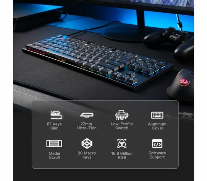 Redragon K622 Horus TKL RGB Mechanical Wired w/Low Profile Keycaps Dedicated Media Control & Linear Red Switch