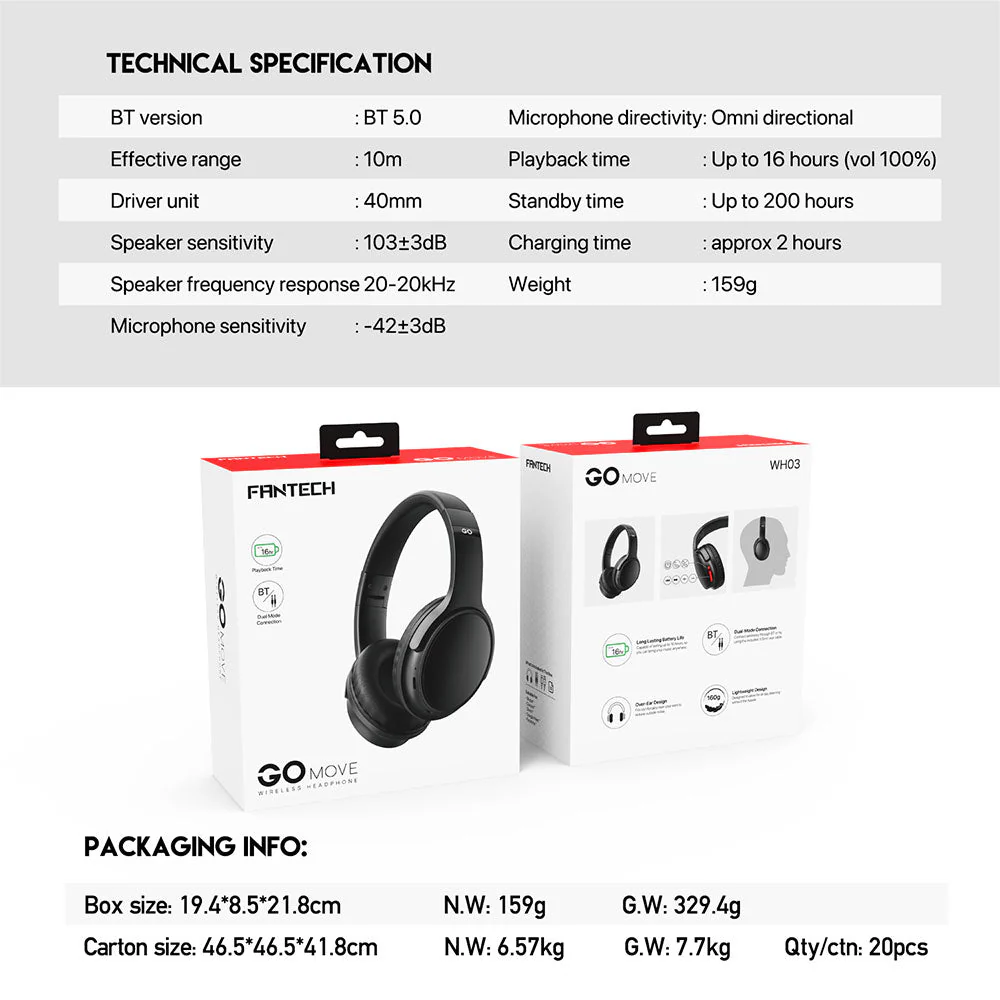 FANTECH WH03 GO MOVE Bluetooth 5.0 Wireless Headphone Dual Connection