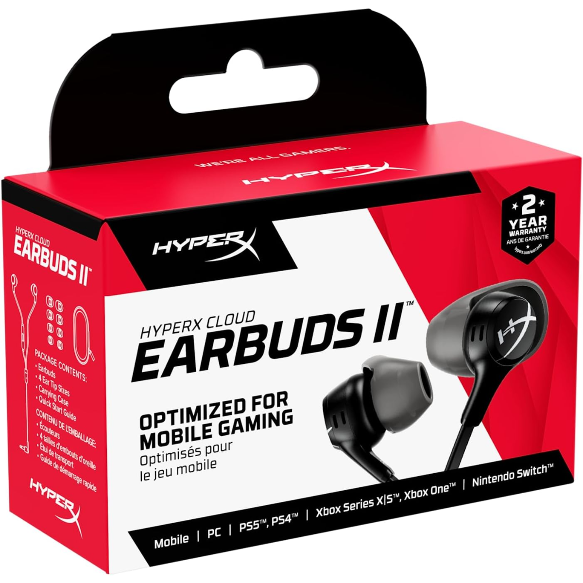 HyperX Cloud Earbuds II 14mm Drivers, Four Eartips, Hard-Shell Carrying Case, Low-Profile 90° Plug, 3.5mm Plug, Built-in Microphone, Multi-Function Button, PC, Mobile, Nintendo Switch, Black