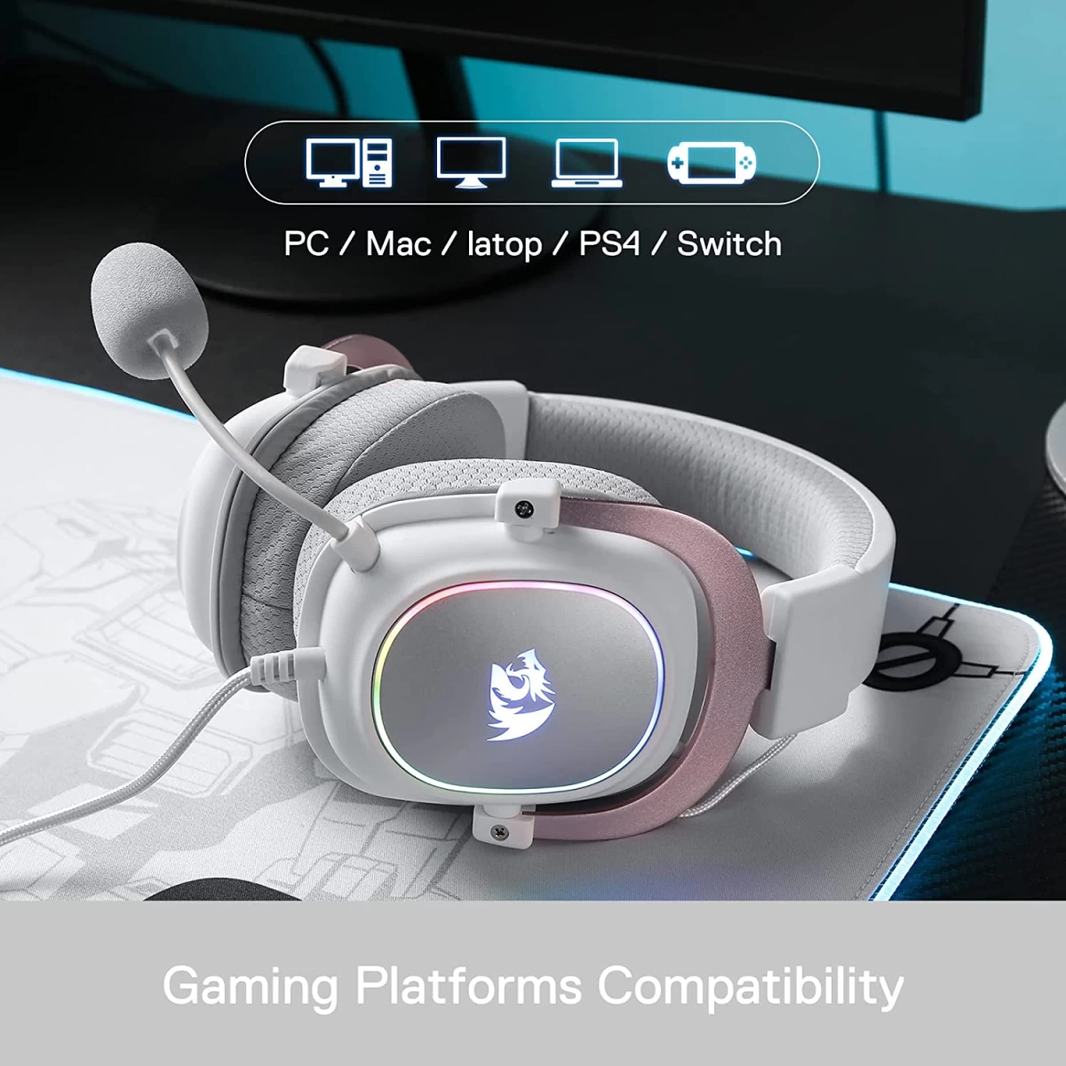 Redragon H510 Zeus-X RGB 7.1 Surround Sound 53MM Drivers Memory Foam Ear Pads w/Durable Fabric Cover - White