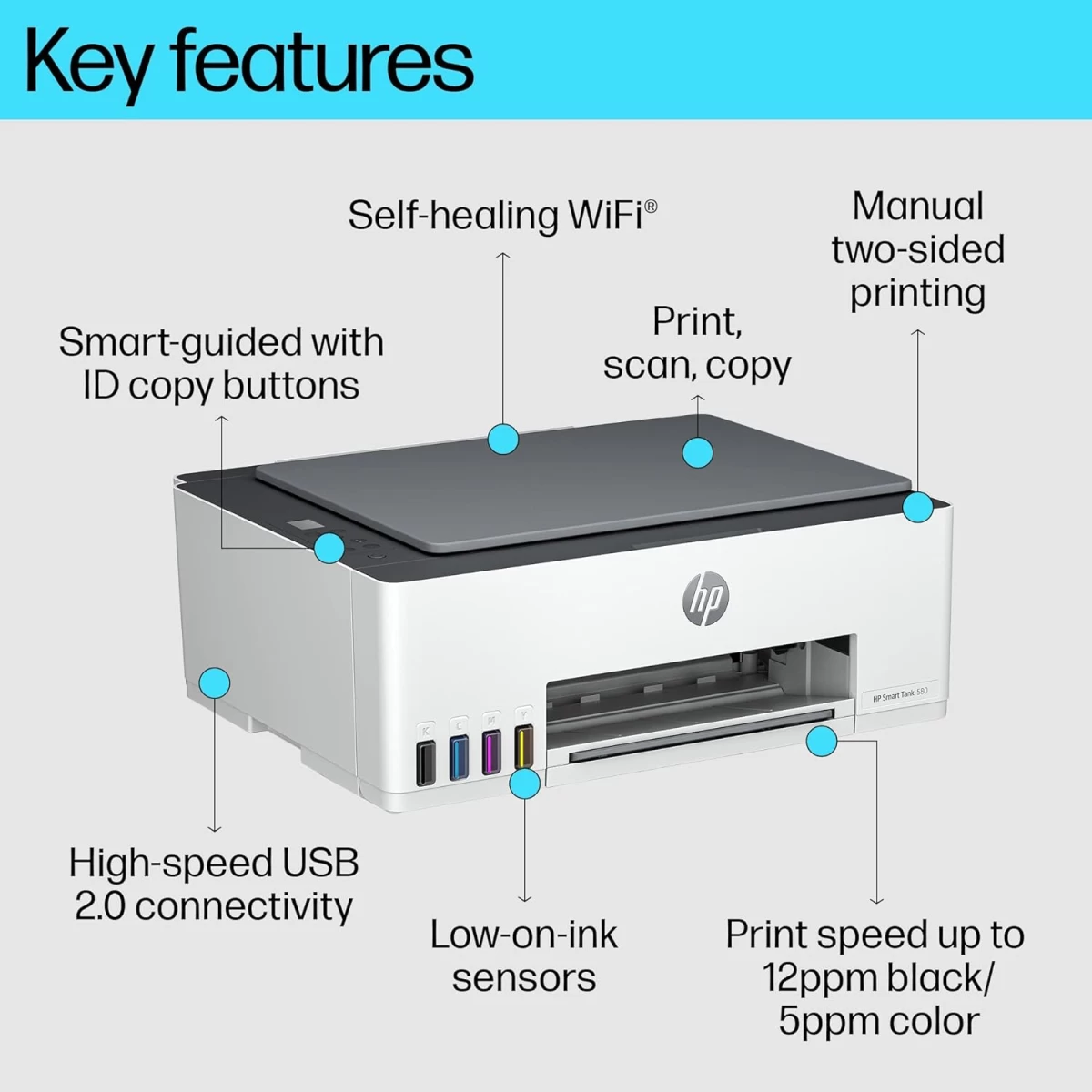 HP Smart Tank 580 All-in-One Wireless Ink Tank Colour ( up to 12000 Black & 6000 Colour) w/ 1 Extra Black Ink Bottle