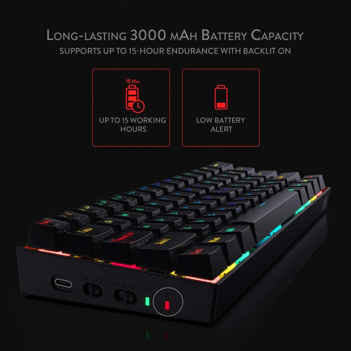Redragon K530 Pro Draconic 60% Wireless RGB Mechanical Keyboard, BT/2.4Ghz/Wired 3-Mode 61 Keys Compact Gaming Keyboard w/Hot-Swap Socket, Free-Mod Plate Mounted PCB & Tactile Red Switch - Black