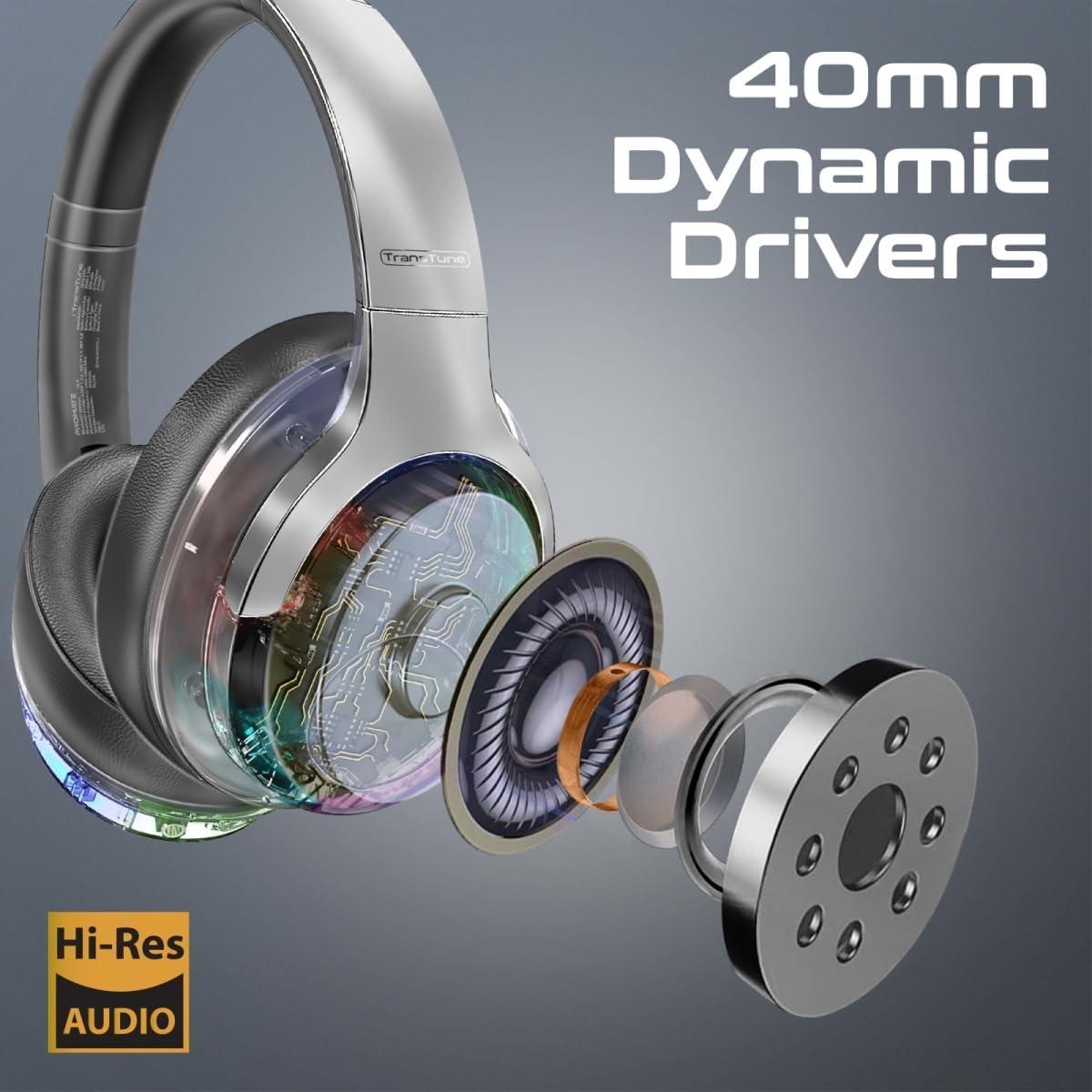 Promate Wireless Headphones, Hi-Fidelity Transparent ANC Bluetooth v5.3 Headset, RGB Lights, Mic, Foldable Design, 40H Playtime, 600mAh Battery, 3.5mm Jack for iPhone15, Galaxy S25, TRANSTUNE.SILVER