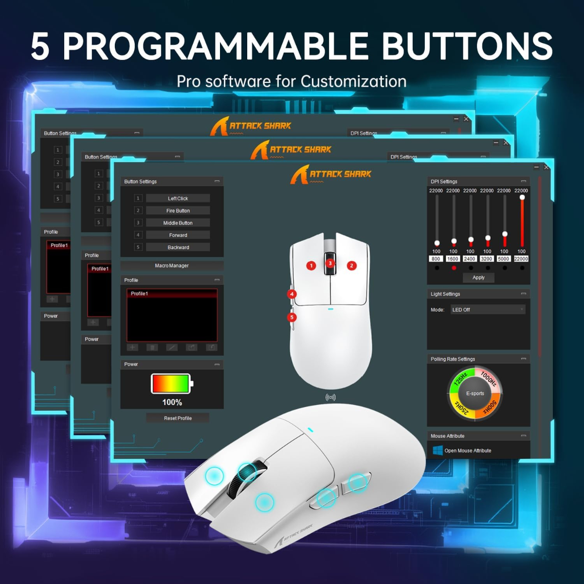 ATTACK SHARK X11 Lightweight Wireless Gaming Mouse with RGB Charging Dock,Tri-Mode-2.4G/USB-C Wired/BT,22K DPI,Optical Sensor,HUYU Switch, 5 programmable Buttons for PC/Mac(White)