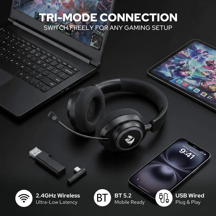 Redragon H891 Wireless Gaming Headset, Tri-Mode (2.4G/BT/Wired), 65H Battery, 50mm Drivers & 7.1 Surround Sound, Noise-Cancelling Retractable Mic, Compatible with PC, PS5, NS, Mac, Mobile - alternate view