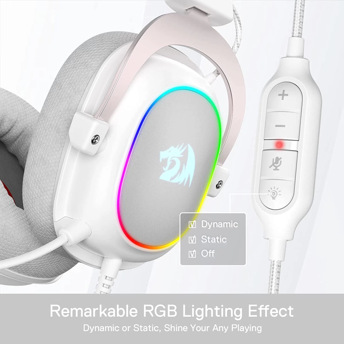Redragon H510 Zeus-X RGB 7.1 Surround Sound 53MM Drivers Memory Foam Ear Pads w/Durable Fabric Cover - White