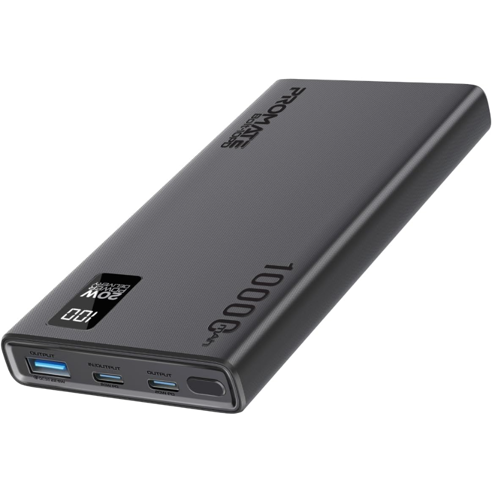 Promate Universal 10000mAh Ultra-Slim Power Bank, with 20W USB-C Input/Output Port, QC 3.0 Output, USB-C Ports, LCD Screen and Over-Heating Protection for Smartphones and Tablets- Bolt-10PD