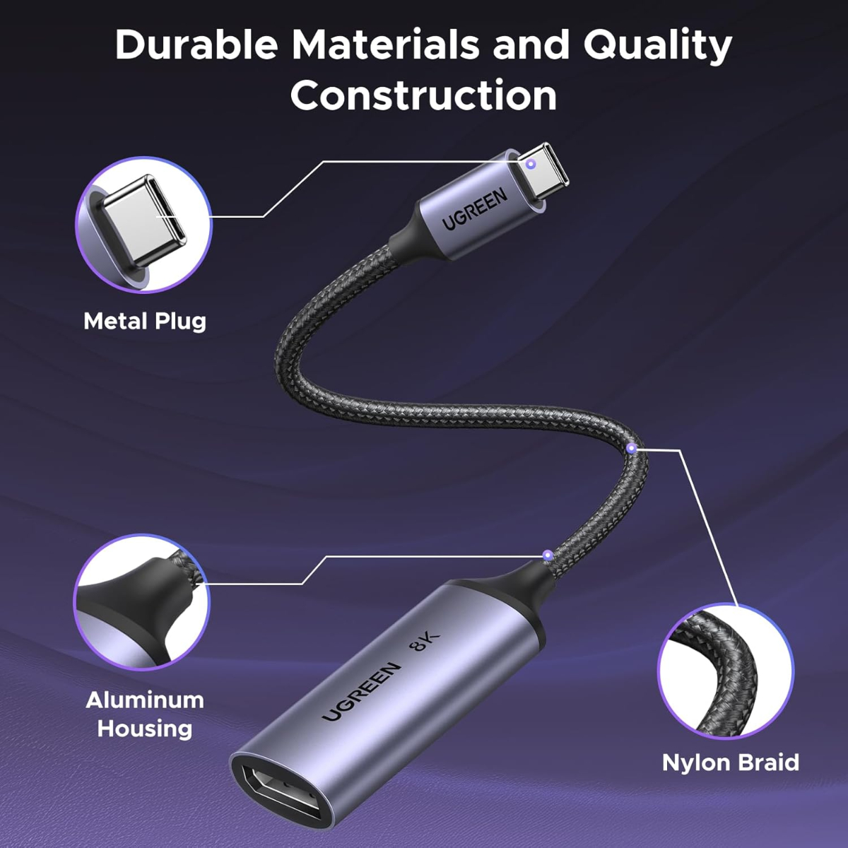 UGREEN 8K@60Hz USB C to DisplayPort 1.4 Adapter Cable 4K@240Hz Thunderbolt 4/3 to Display Port Converter with HDR VRR ALLM Braided Compatible with iPhone 17/16, Galaxy S25, MacBook Pro/Air, iPad XPS
