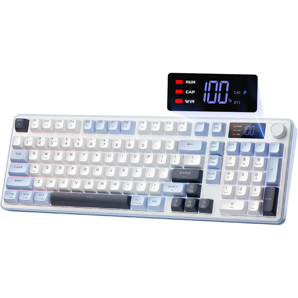 Redragon Wireless Gaming Keyboard, 98-Key Tri-Mode (BT/2.4G/Wired) RGB Computer Keyboard with Knob & Display, Fade-Resistant PBT Keycaps & 4000mAh Battery, Compatible with Windows/Mac - White Blue