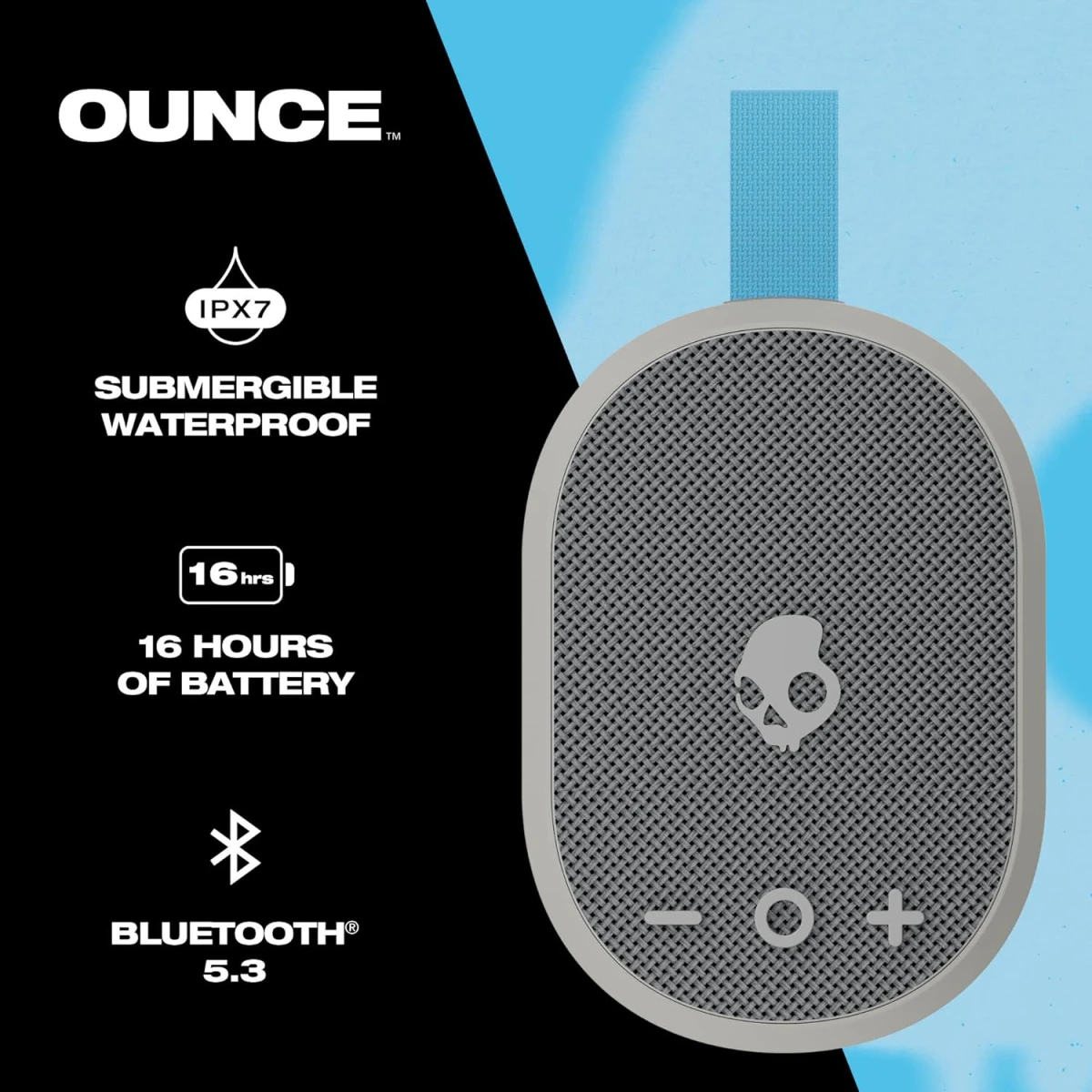 Skullcandy Ounce Wireless Bluetooth Speaker - IPX7 Waterproof Mini Portable Speaker with 16 Hour Battery, Downward Firing Passive Radiator, and Ballistic Nylon Carry Strap - Light Grey