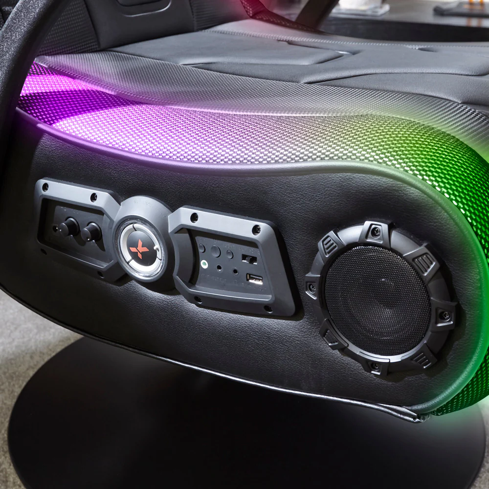 X-Rocker Monsoon RGB Gaming Chair, 4.1 Surround Sound Light Up Gaming Seat with 30 Neo Motion RGB Settings, Bluetooth Wireless Speakers, Subwoofer and Vibration, Padded Armrests Faux Leather - BLACK