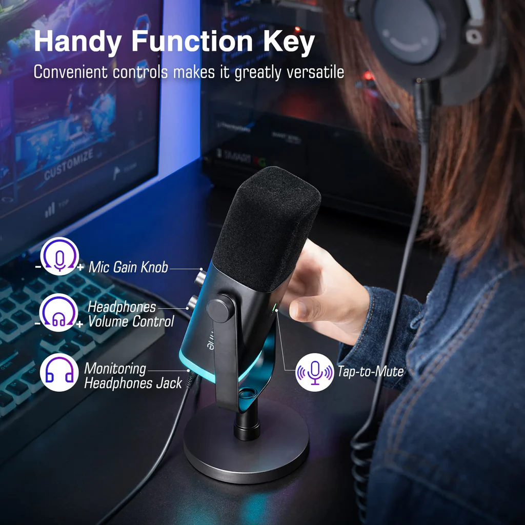 FIFINE Ampli Game AM8 USB/XLR Dynamic Microphone with RGB, Touch-mute, I/O Controls, Live Monitoring for Streaming - Black
