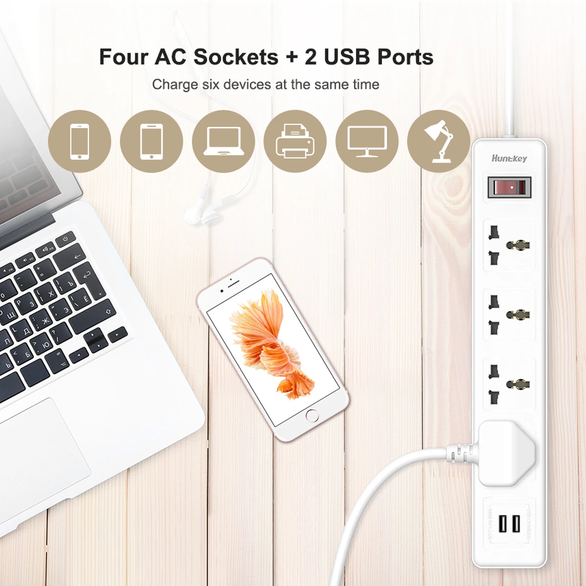 Huntkey SSZ507 Universal Power Strip 4x Outlet + 2x USB Charging Ports AC 220-240V Surge Protector 3M - White