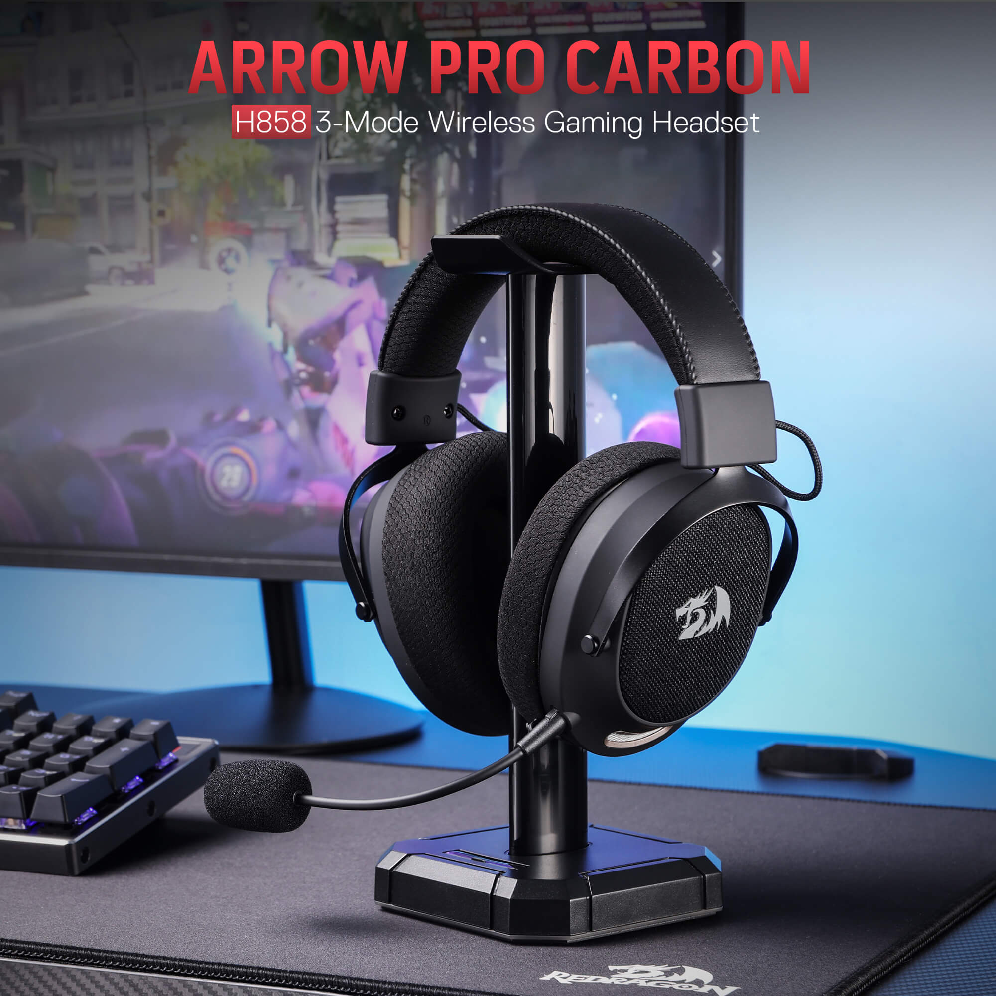 Redragon H858 3-Mode Wireless Gaming Headset, 7.1 Surround Sound, 53 mm Drivers, Memory Foam Ear Pads, Detachable Noise-canceling Microphone